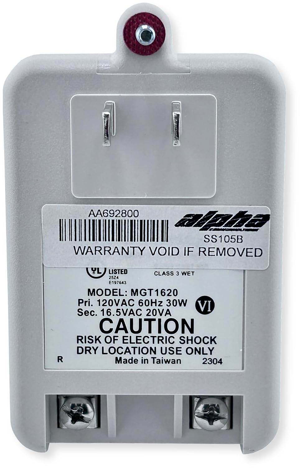 Alpha Communications SS105B Plug-in Transformer, Primary 120VAC 60Hz 30W, Secondary 16.5VAC 20VA, UL Listed, LED Indicator, Plug-and-Play, Residential and Commercial Applications