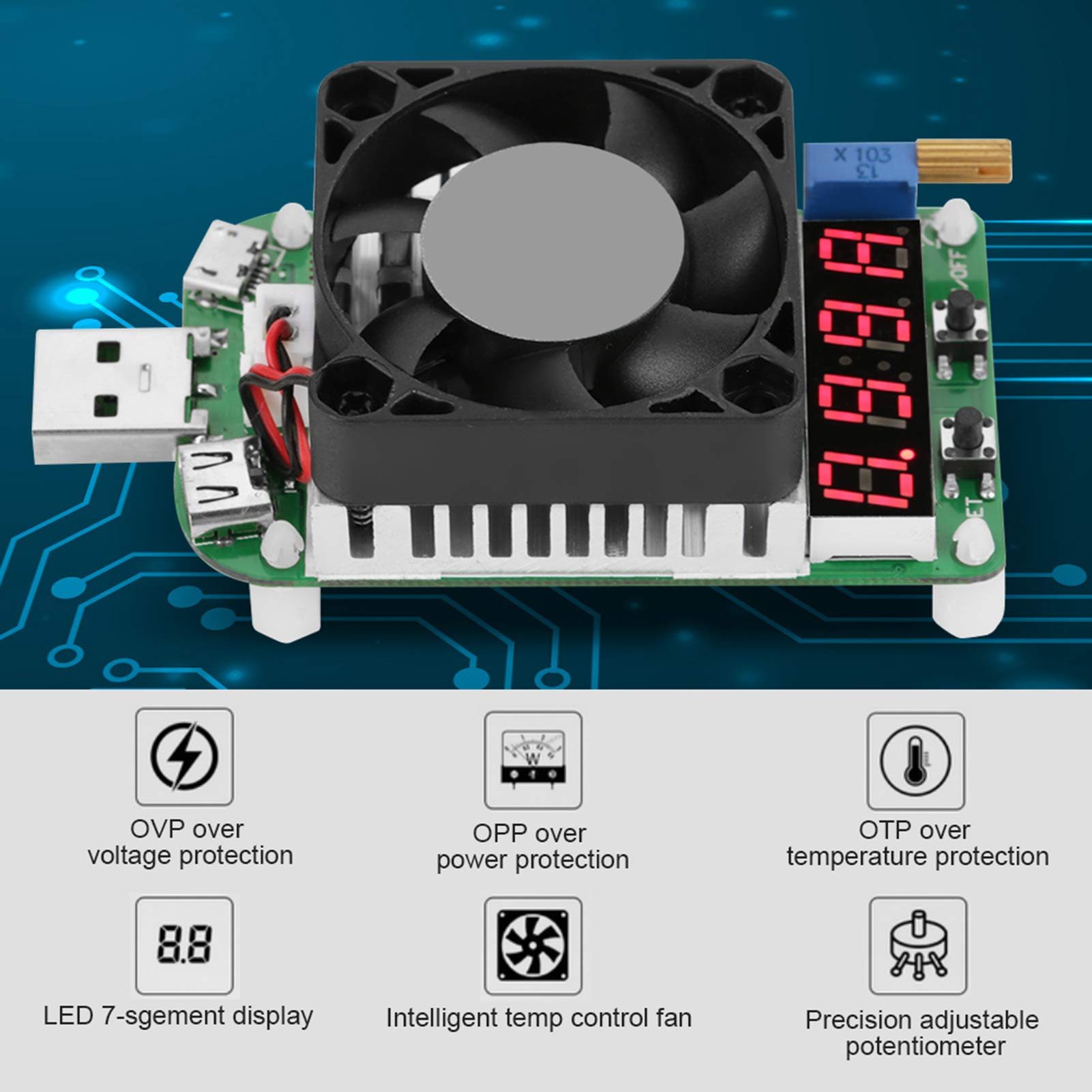 Akozon USB Load Tester Modul - Elektronische Last Mit Digital Display für Batterie-Test, Einstellbarer Widerstand, Spannung und Strom Meter