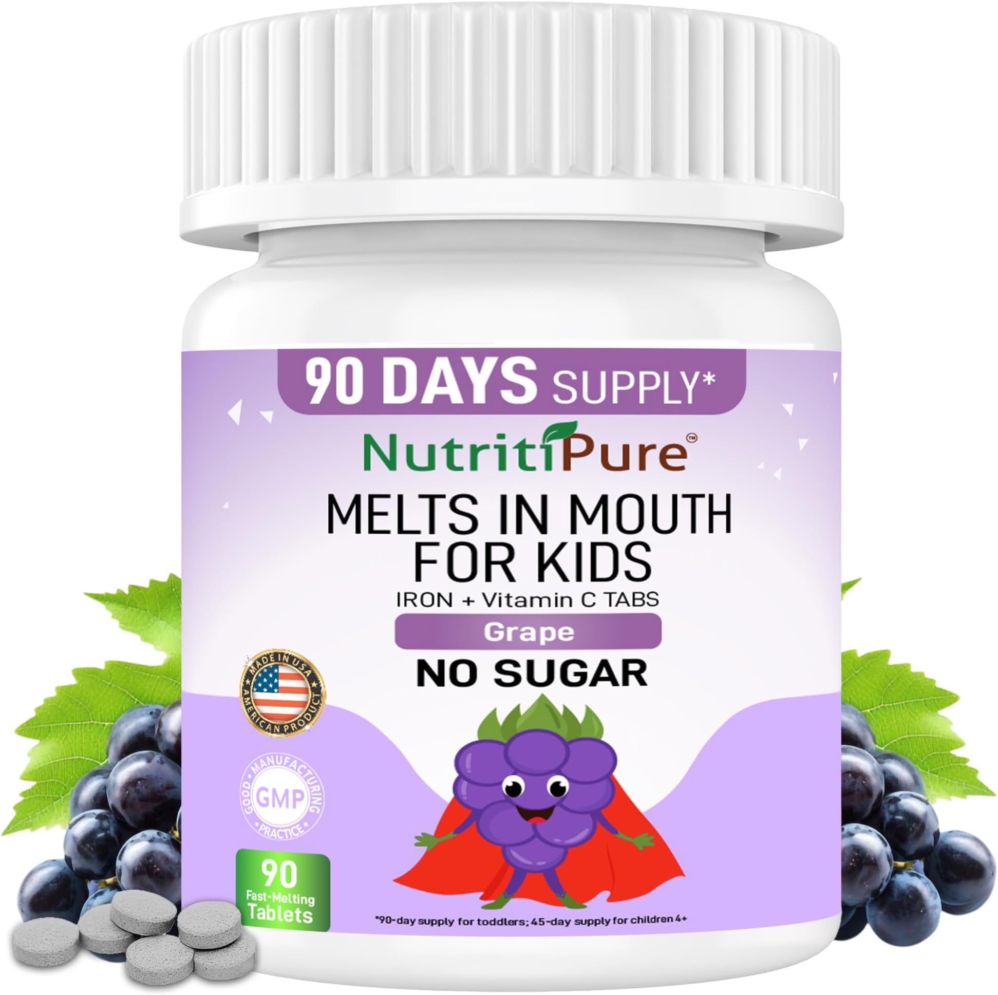 Kids Chewable Iron Supplement (Ferronyl®/Carbonyl Iron 9 mg with Vitamin C 30 mg) Tablet in Delicious Grape Flavor 90 Count (1 Bottle) (1)