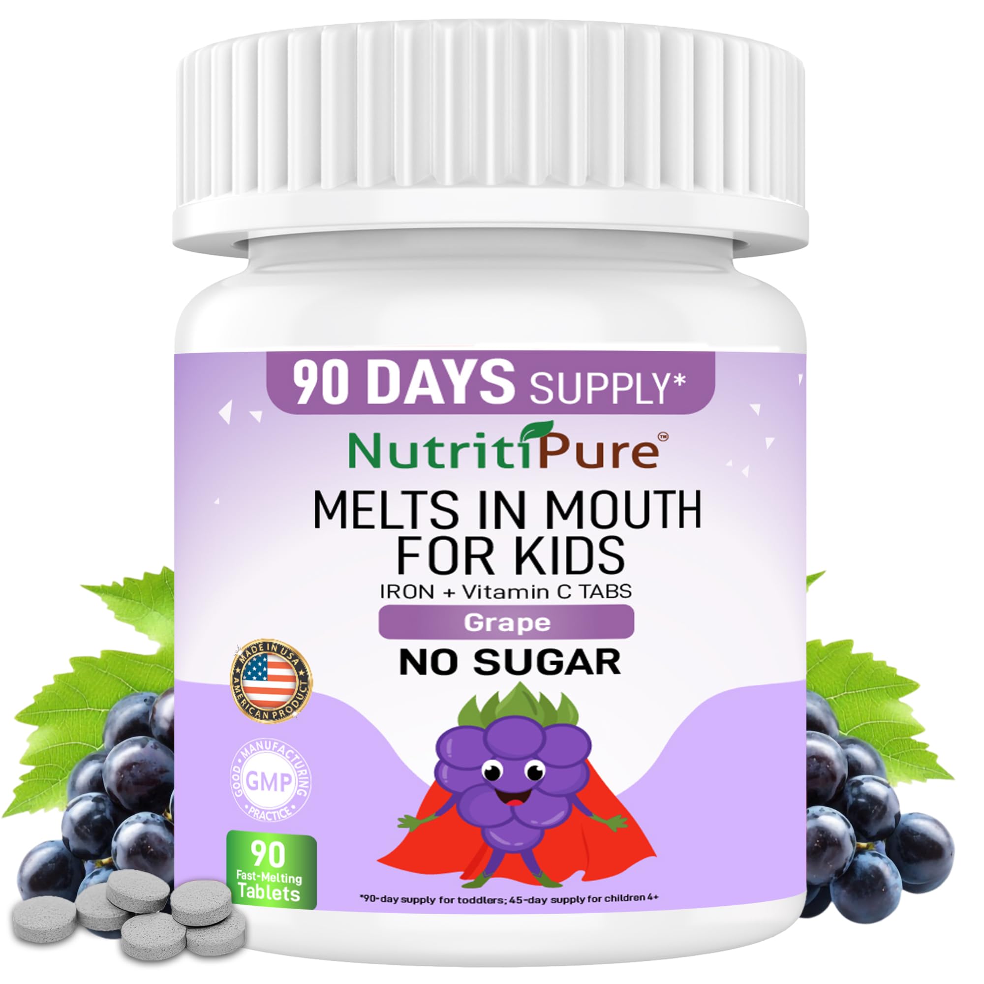 Kids Chewable Iron Supplement (Ferronyl®/Carbonyl Iron 9 mg with Vitamin C 30 mg) Tablet in Delicious Grape Flavor 90 Count (1 Bottle) (1)