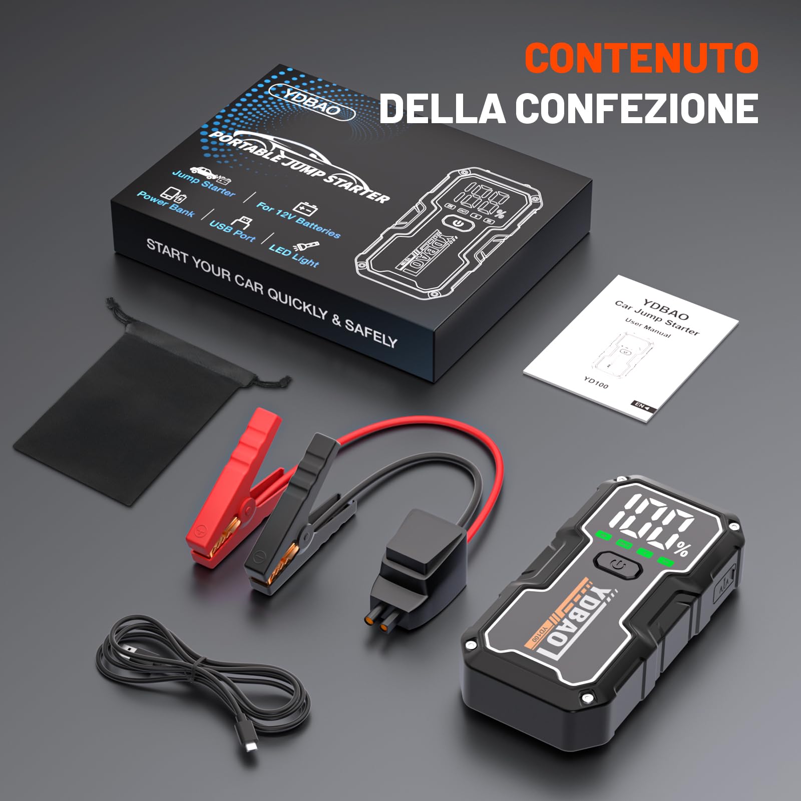 YDBAO Avviatore Batteria Auto 8000A Avviatore di Emergenza per Auto/Moto (Fino e 10.0L Diesel) 12V Booster Avviamento con Display LCD Jump Starter con Torcia a LED per Auto, Moto, Camion