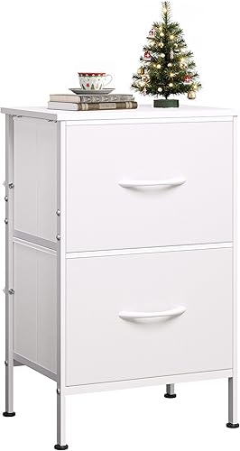 WLIVE White Night Stand, Small Dresser with 2 Drawers & Wooden Top, Nightstand with Fabric Bins, Bedside Table End Table for Bedroom, Closet, Blanco