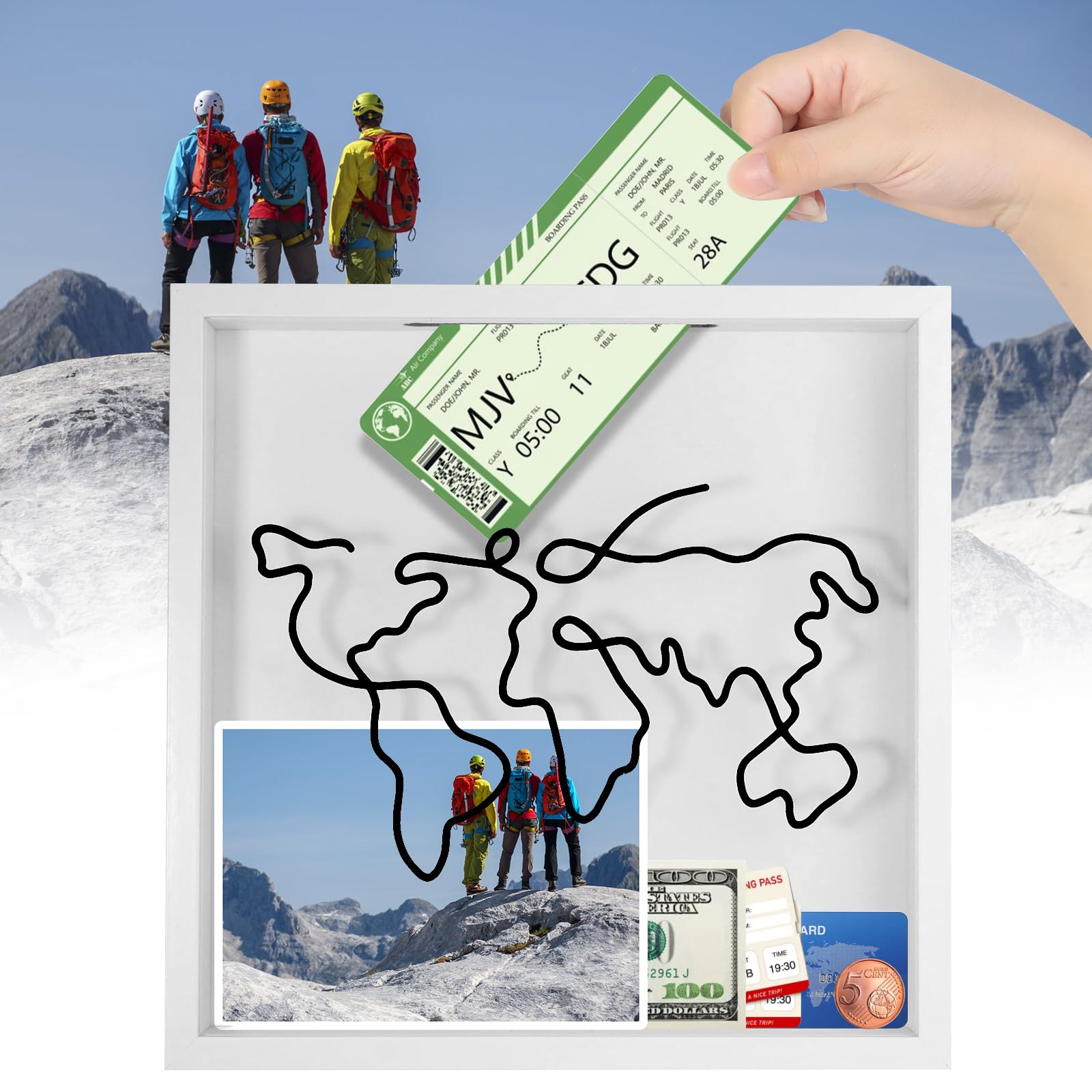 Scatola Porta Ricordi Da Viaggio Adventure, In Legno Bianco, 29x29x4,5 Cm, Con Fessura Per Biglietti, Da Appendere O Esporre