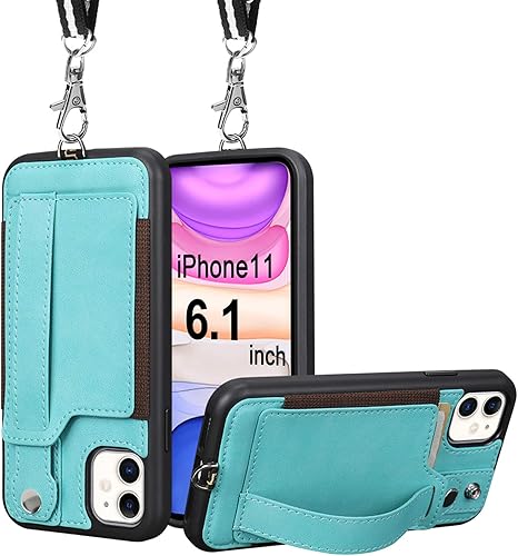 TOOVREN Funda para iPhone 11, funda tipo cartera para iPhone 11, correa para el cuello con soporte de cuero, soporte ajustable y desmontable,
