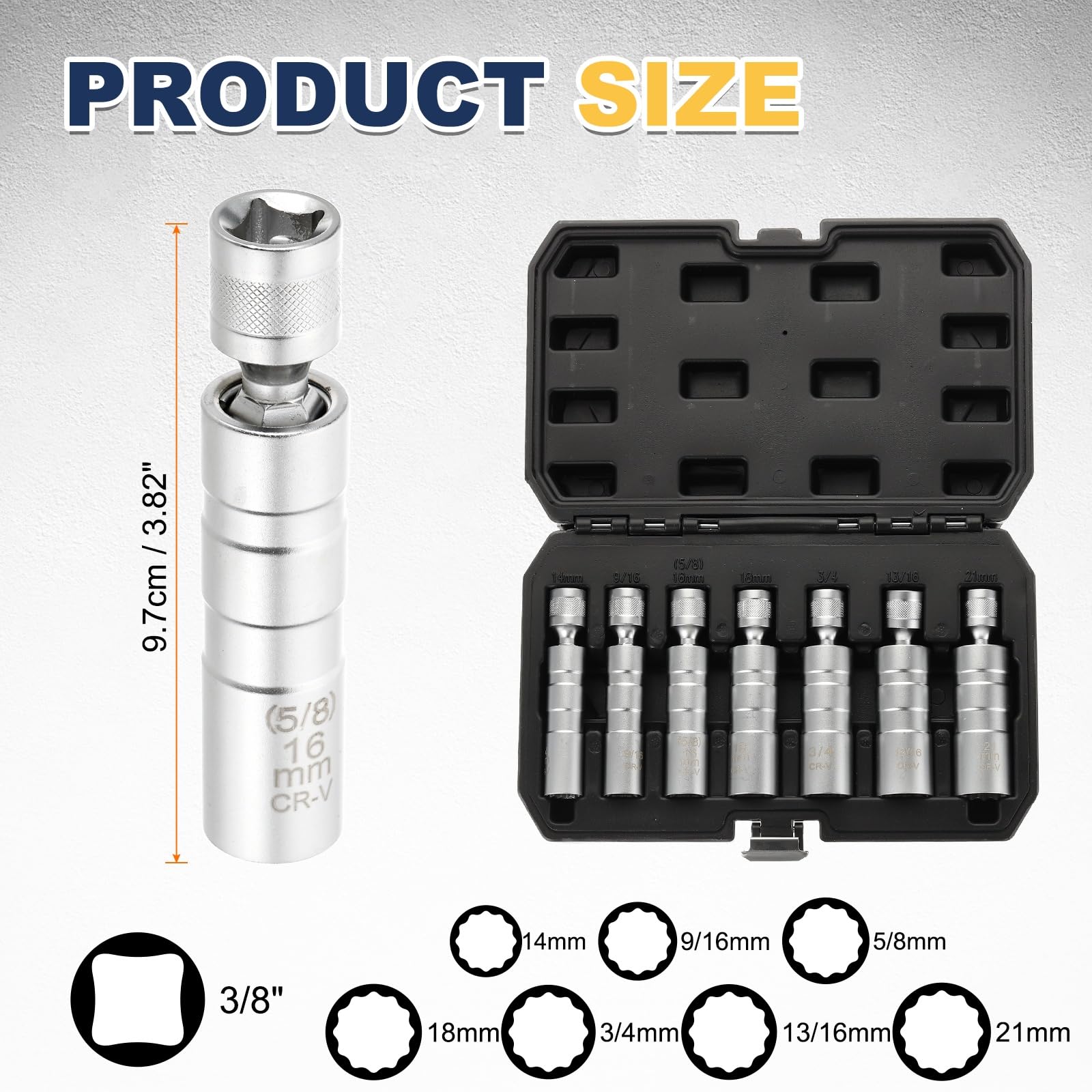 QUARKZMAN 7 Pezzi Set Presa Candele 3/8" Drive 4/16/18/21mm 9/16" 3/4" 13/16" Snodo Magnetico 12 Punti Parete Sottile Presa Candele con Snodo A 360 Gradi CR-V Acciaio, Argento