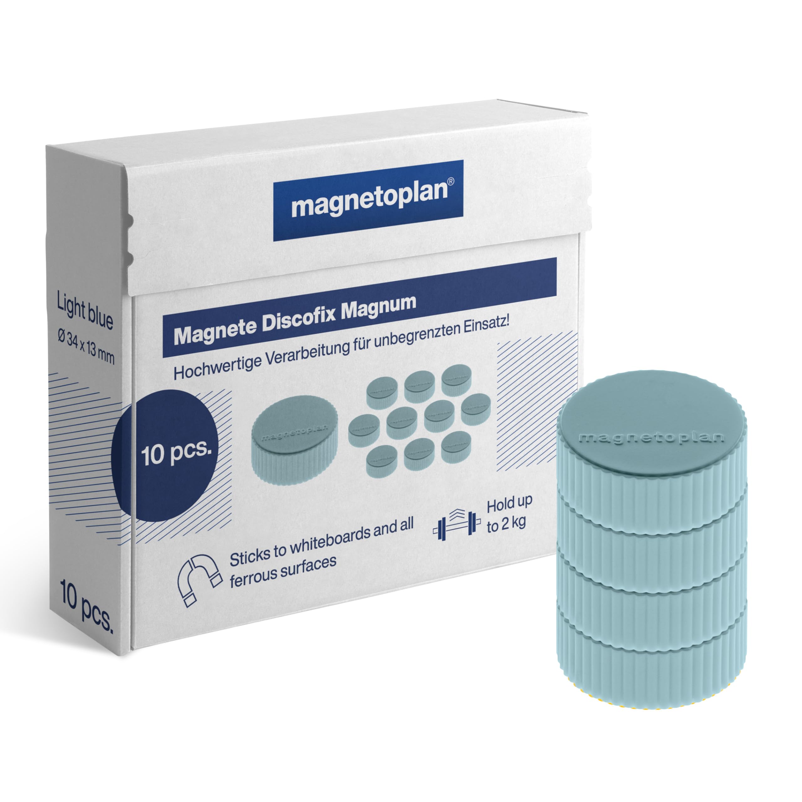 magnetoplan Premium Magnete Discofix magnum | ØxH 34x13mm | 10 Stück, hellblau | Haftkraft: 2 kg | Magnete für Magnettafeln und Whiteboards | Kratzfreie Spezialbeschichtung | Leicht abnehmbar