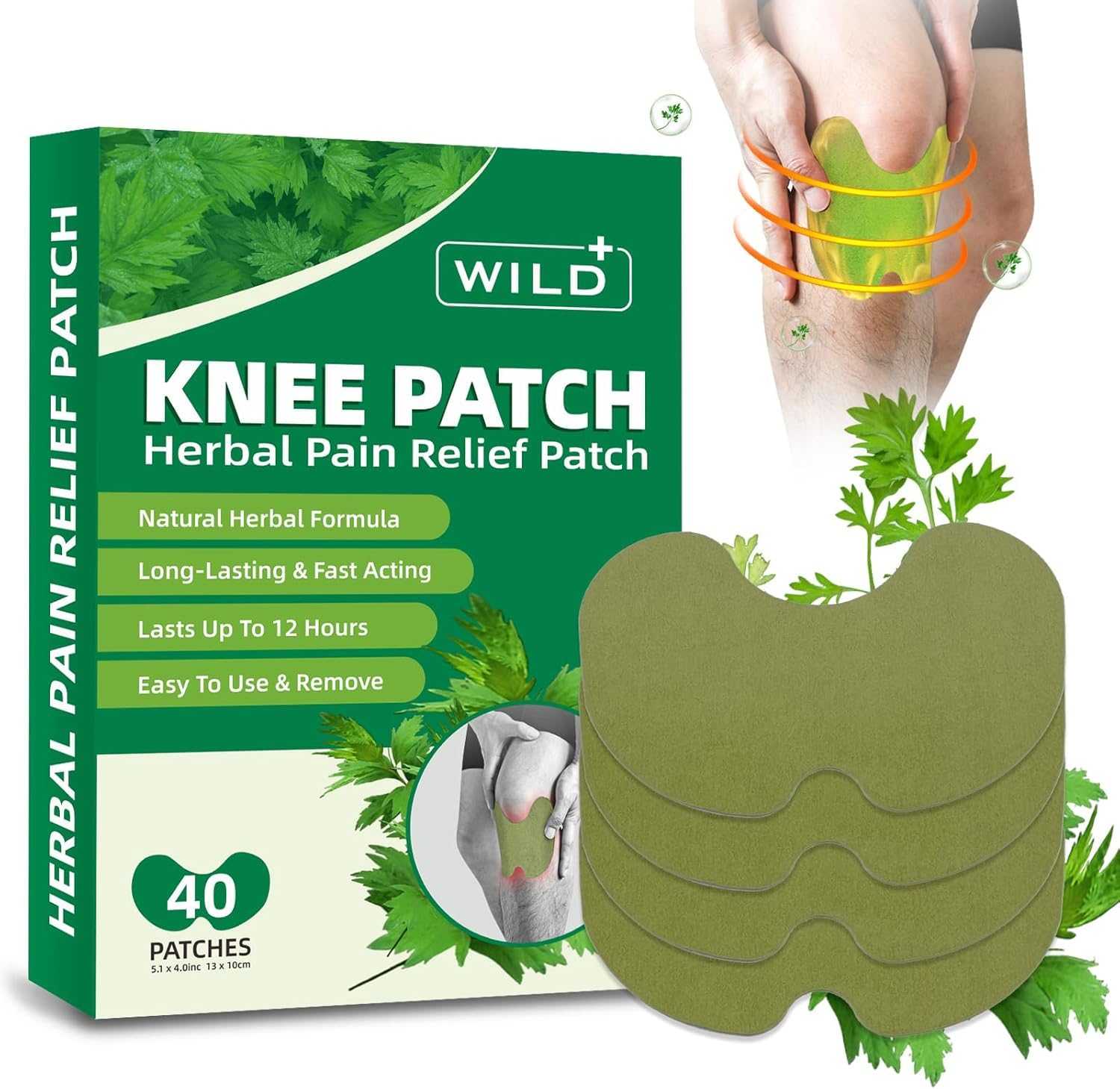 WILD+ Knee Pain Relief Patches, 40pcs Heat Patches for Knee, Natural Knee Patches for Pain Relief Bone on Bone, Herbal Plaster Pain Patches for Long Lasting Relief Back, Joint, Back, Neck, Shoulder