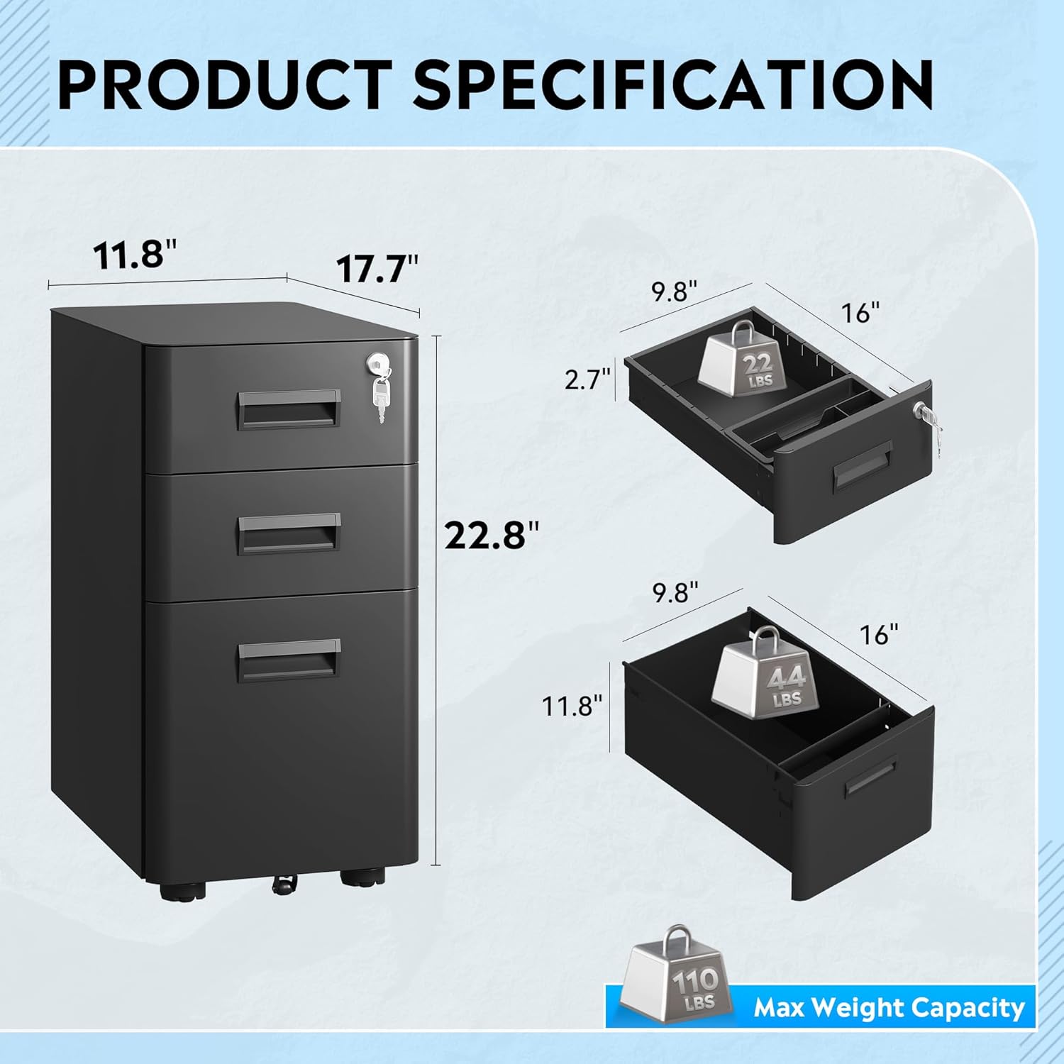 DEVAISE 3 Drawer Mobile File Cabinet with Lock, Under Desk Metal Filing Cabinet for Home Office Fits Legal/Letter/A4 Size, Fully Assembled Except Casters, Black