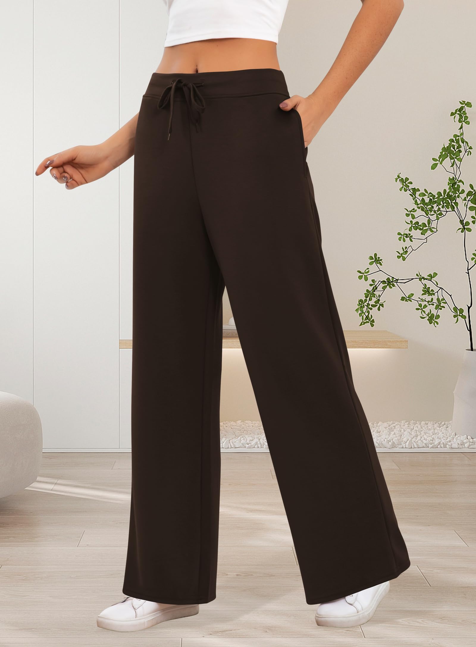 ZJCT Womens Sweatpants Wide Leg Loose Pants High Waisted Drawstring Casual Baggy Lounge Yoga Pants with Pockets Chocolate 2XL