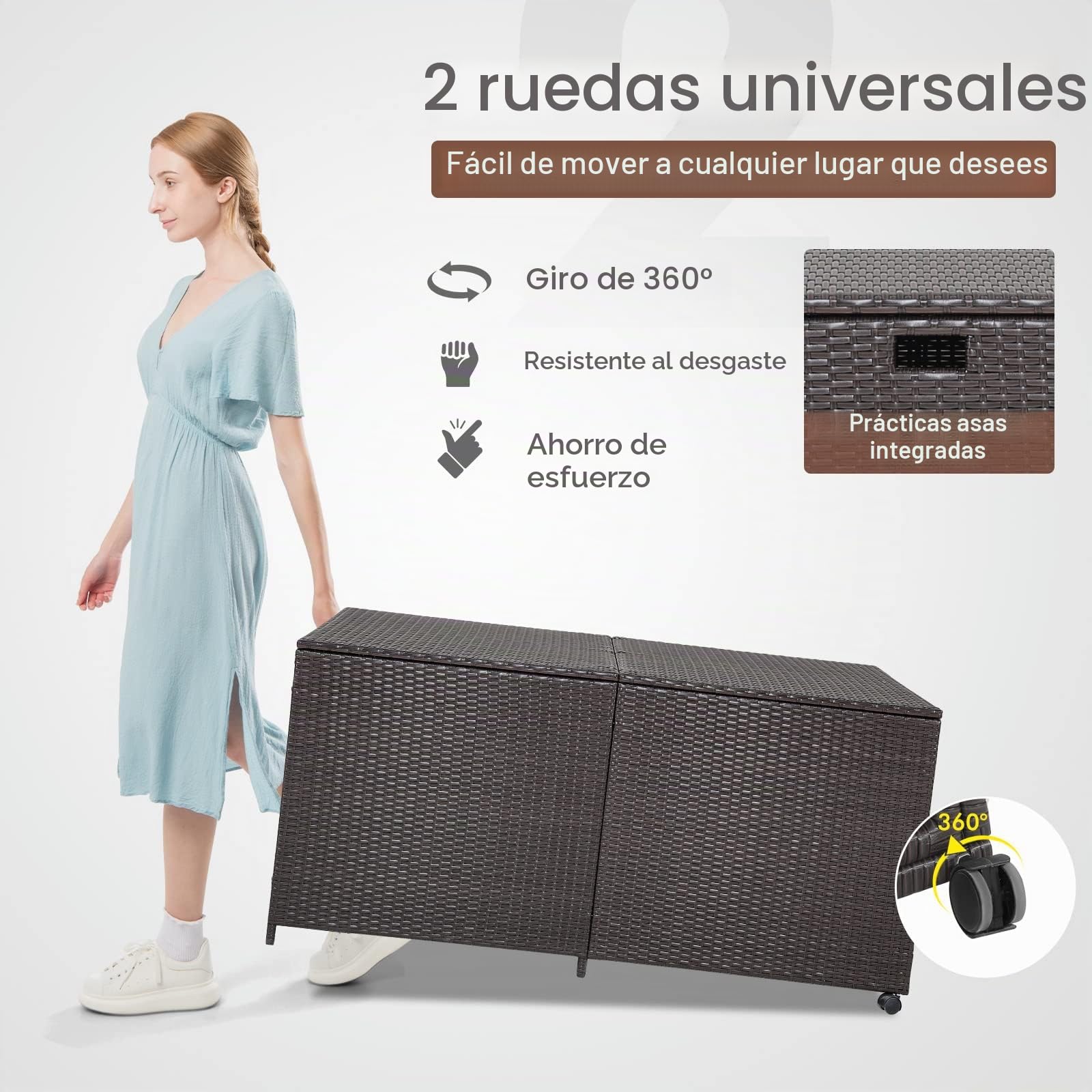 GIANTEX Baúl de Jardín de 662 L de Ratán con Tapa Impermeable | Arcón de Almacenaje con 2 Ruedas y Asa, Interior con Funda Impermeable, 150x77x73 cm, para Balcón Terraza