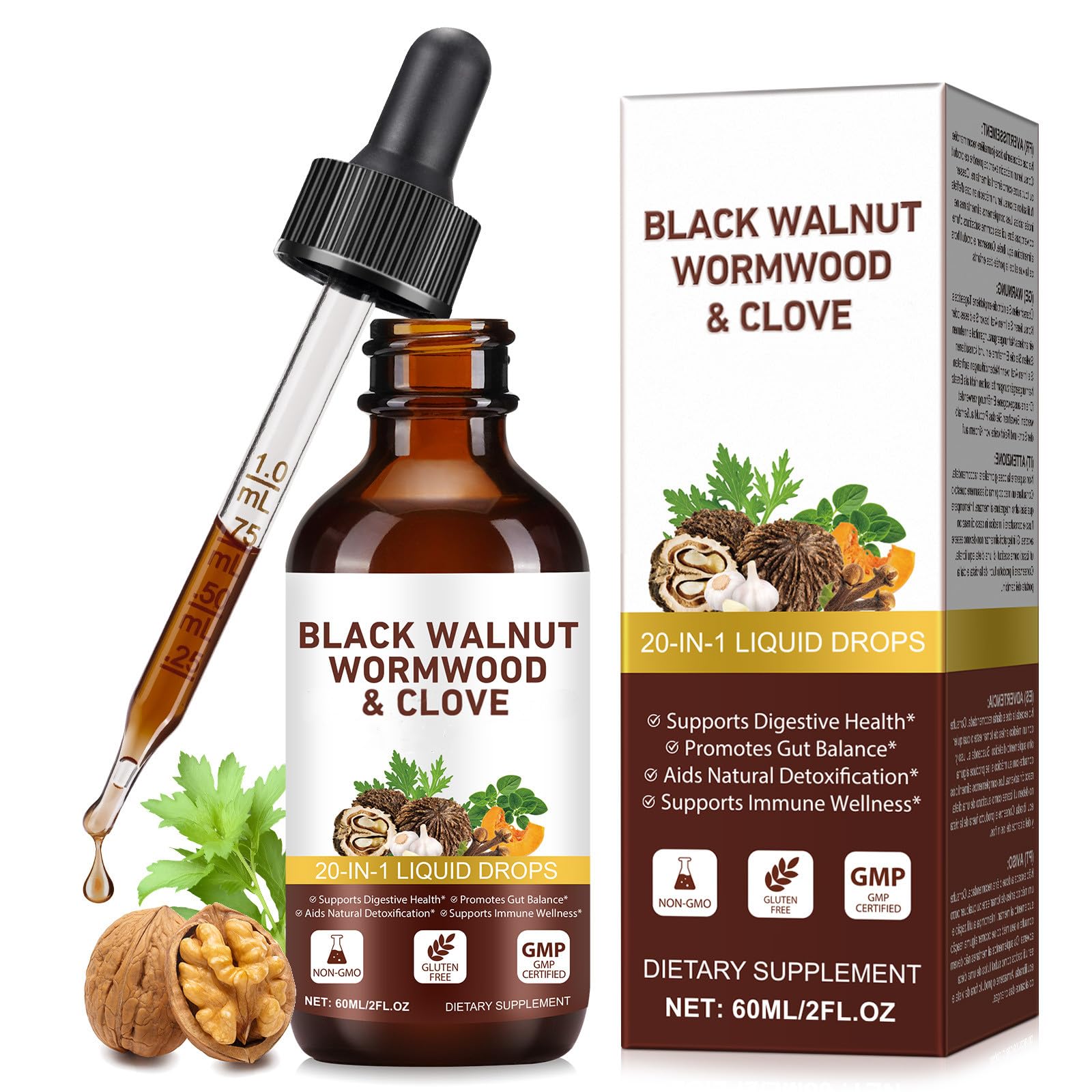 Gocce Alle Erbe Con Assenzio, Noce Nera E Chiodi Di Garofano,Noce Nera, Assenzio, Semi Di Zucca E Chiodi Di Garofano,Gocce Liquide 20 In 1,Supporta Il Benessere Immunitario, 60 Ml