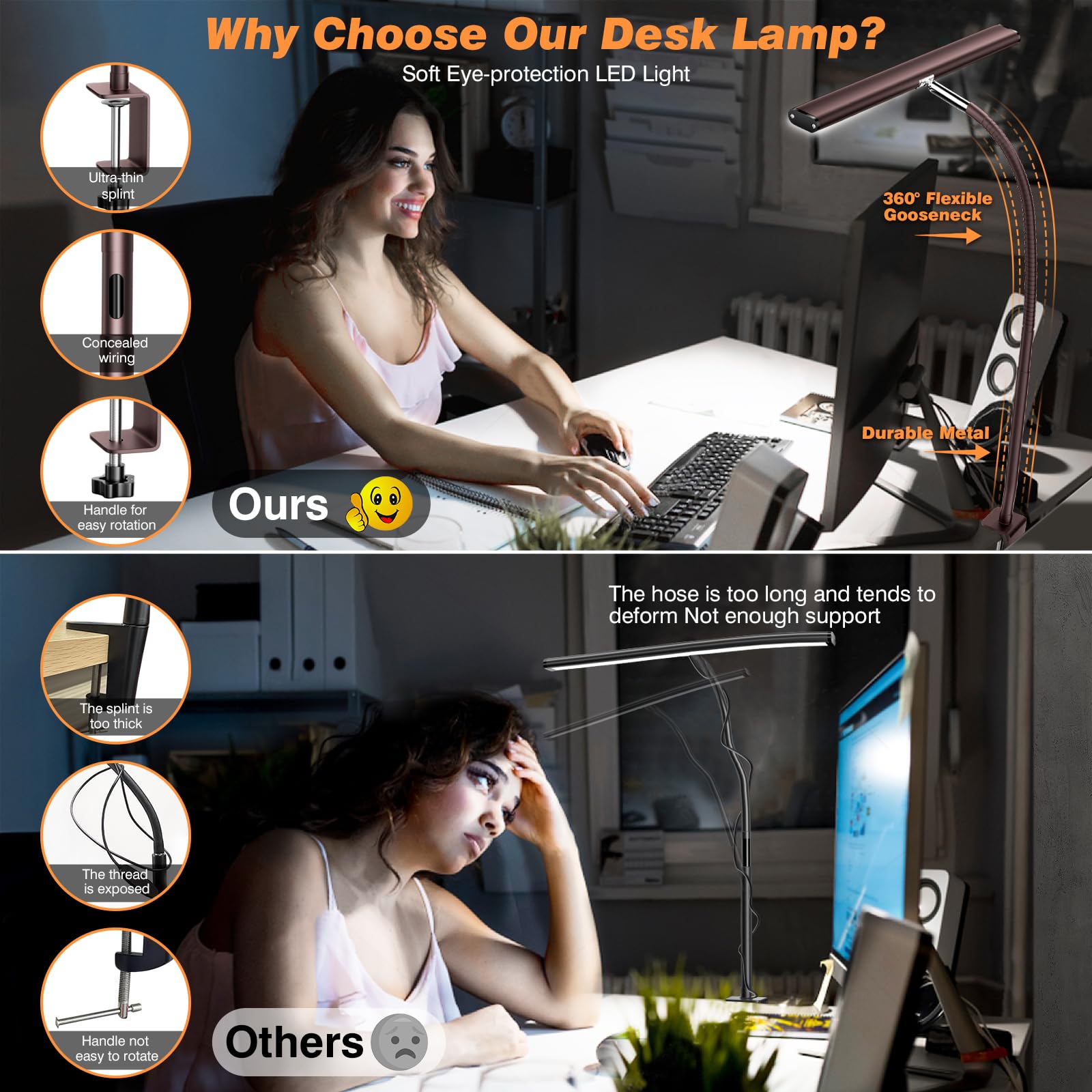 Airlonv LED Desk Lamp with Clamp, 17" Stepless Dimming Light, Brown view 4