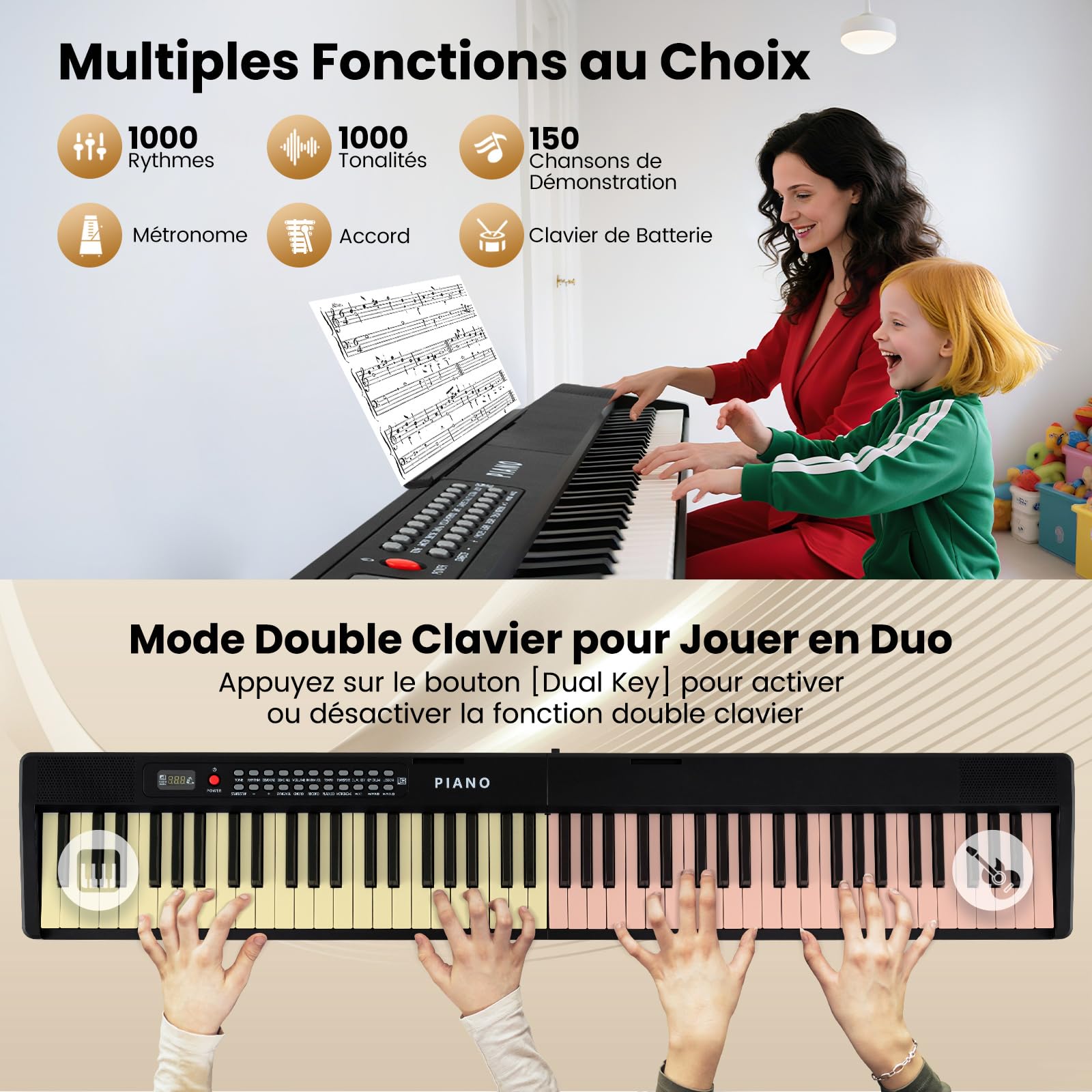 COSTWAY Piano Numérique Pliable 88 Touches avec Microphone & Pupitre, Clavier Électronique Portable avec Haut-Parleurs & Fonction MIDI, 1000 Rythmes, 1000 Timbres, Sac pour Débutants Enfants
