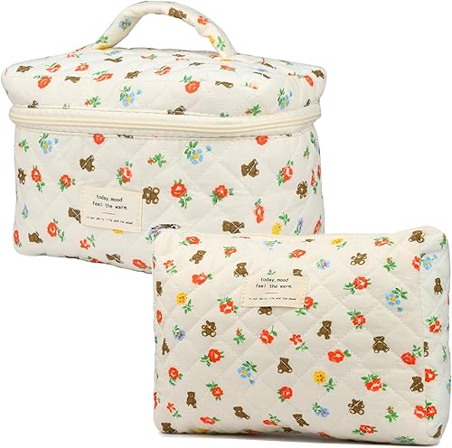 VIWIME Bolsa de cosméticos de maquillaje, bolsa grande acolchada de algodón, coqueta de viaje, bonita bolsa de maquillaje floral para mujeres (103 -