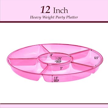Plasticpro 6 Sectional Round Plastic Serving Tray/Platters Pink Pack of 8