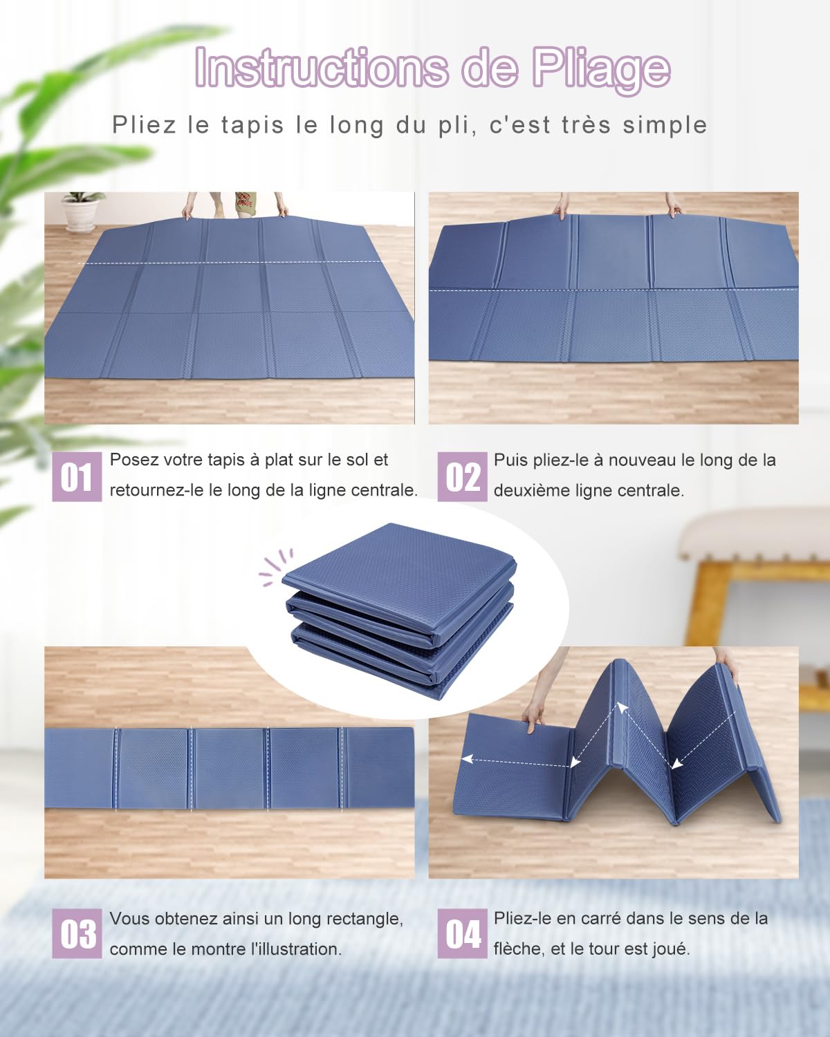 Tapis de yoga pliable XXL - 200 x 130 cm - Antidérapant - En TPE - 5 mm/10 mm d'épaisseur - Avec sac de transport - Pour la maison, les voyages, le pilates