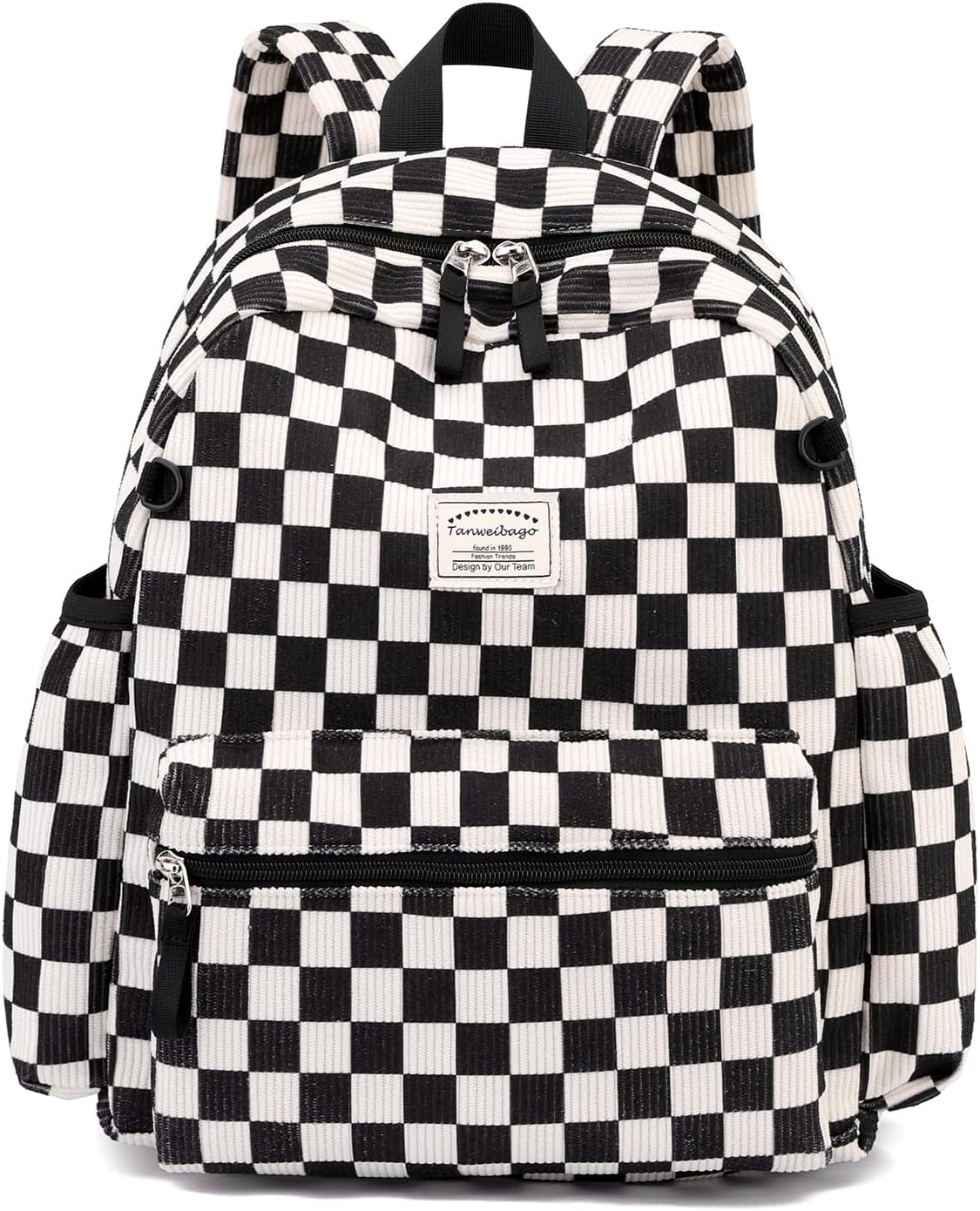 Tanweibago Corduroy Kids Backpack for Boys Girls Backpacks for Primary Elementary Kindergarten (Chessboard Black, Medium (15" H Fit A4 Folder))