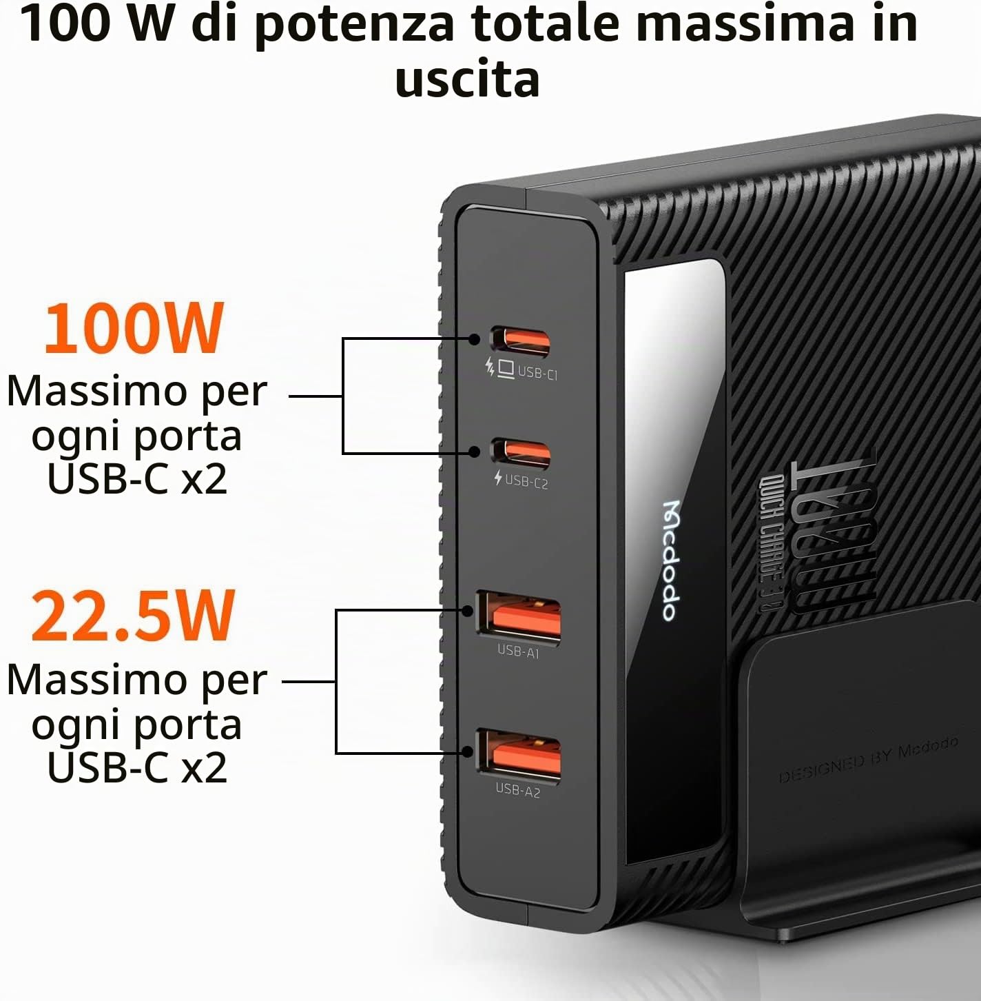 Mcdodo Caricatore USB C 100W Rapido a 4 Porte Con Cavo - GaN per iPad MacBook/Pro/Air, Lenovo, Dell, Phone, Samsung