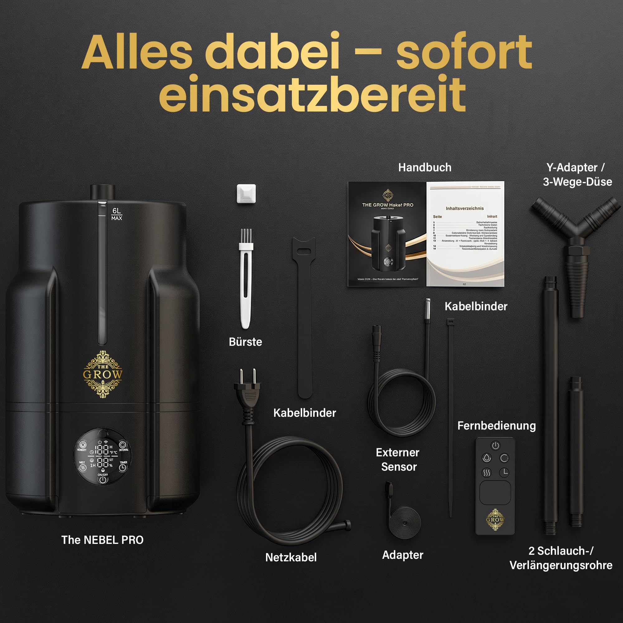 Nebel PRO Luftbefeuchter 6L für Growzelt und Growbox, Ultraschall-Luftbefeuchter mit Hygrostat 35–95%, 4 Nebelstufen, bis 450 ml/h, externer Sensor, Timer, Fernbedienung, Schlauch