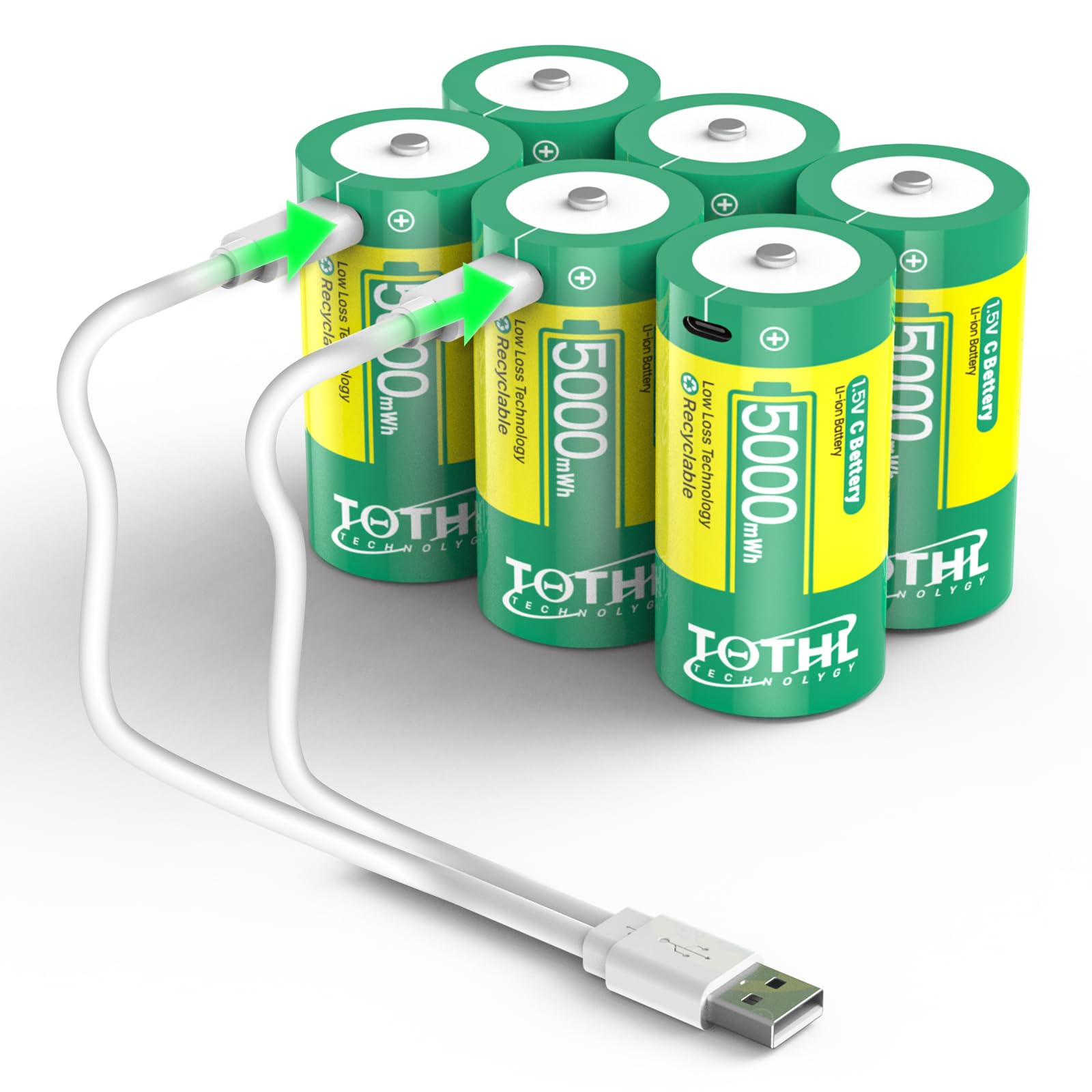 Lot de 6 Piles Rechargeables Baby C USB 2 en 1 au Lithium C, Piles C Li-ION, LR14 1,5 V de Taille C, 5000 mWh, pour Jouets d'inondation