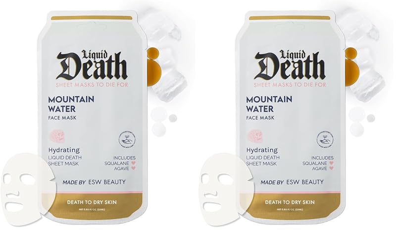 Máscara facial ESW Beauty Liquid Death Mountain Water com aloe vera, agave e extrato de chá verde – Pacote com 2
