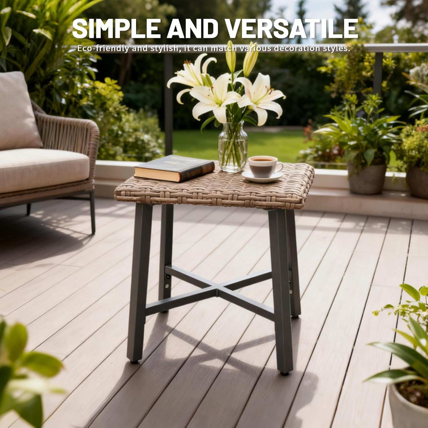 Outdoor Wicker Side Table,Small Square End Table, Patio PE Rattan Side Table Adopt Sturdy Galvanized Steel Frame for Balcony Porch Deck (Brown)