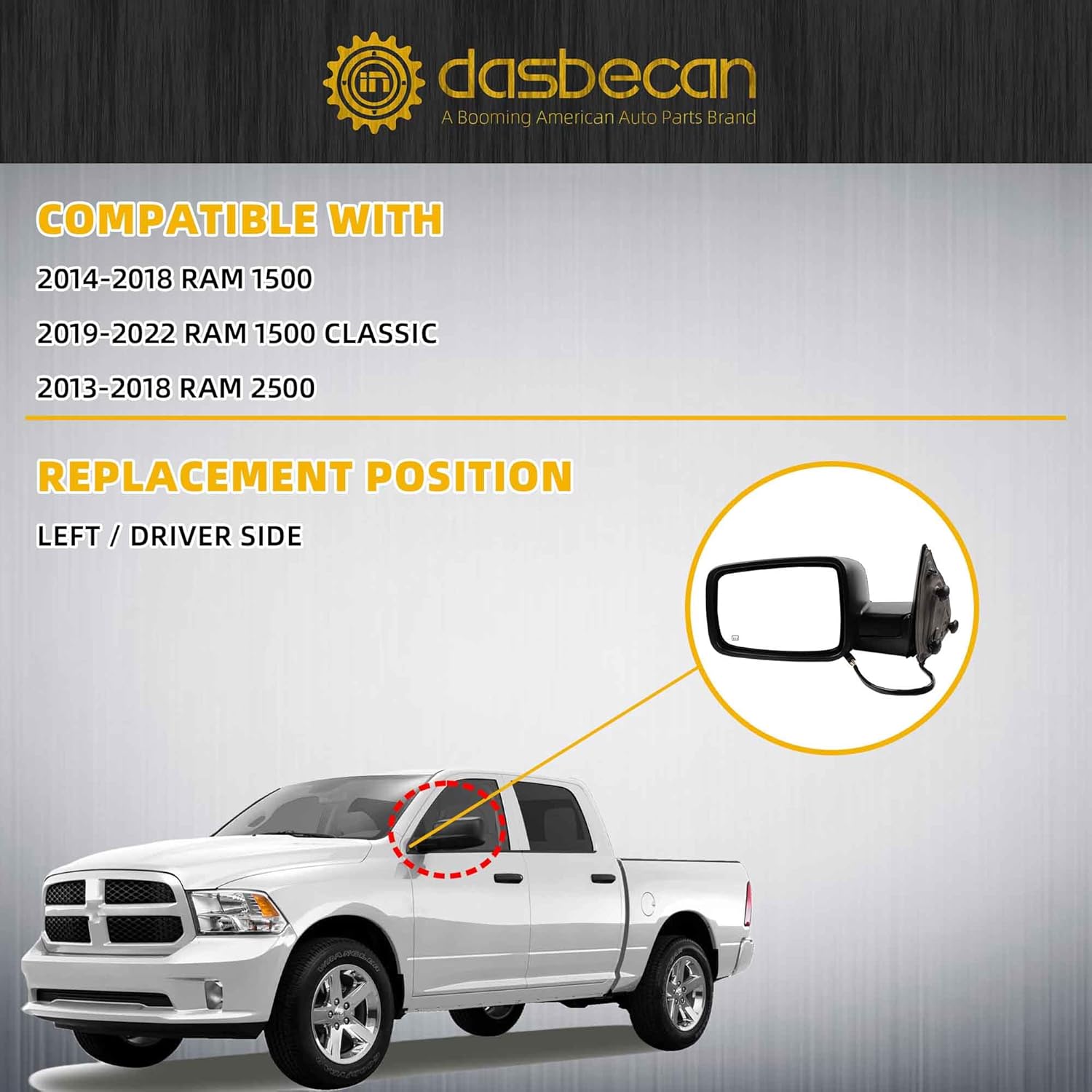 Dasbecan Driver Side Mirror Compatible with 2014-2018 Ram 1500, 2019-2022 1500 Classic Left Mirror w/Power Heated Glass, Manual Folding, Temp Sensor Replaces 68462819AA