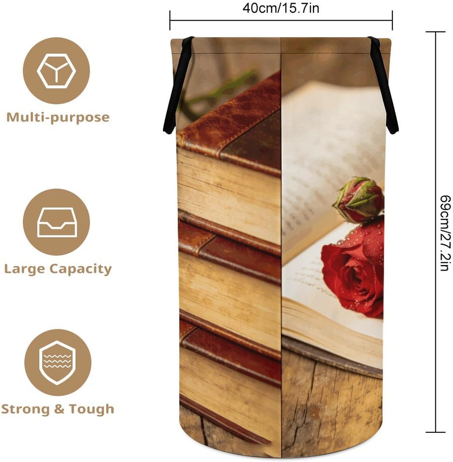 Books And Roses Laundry Hamper 86L Waterproof Collapsible Clothes Basket with Double Handles Freestanding Foldable Laundry Basket Large Clothes Hamper for Bathroom