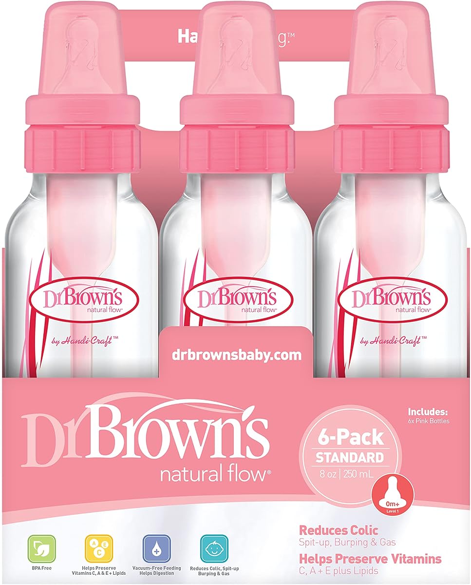 Dr. Brown's Natural Flow Anti-Colic Baby Bottles - Pink - 8oz - 6pk