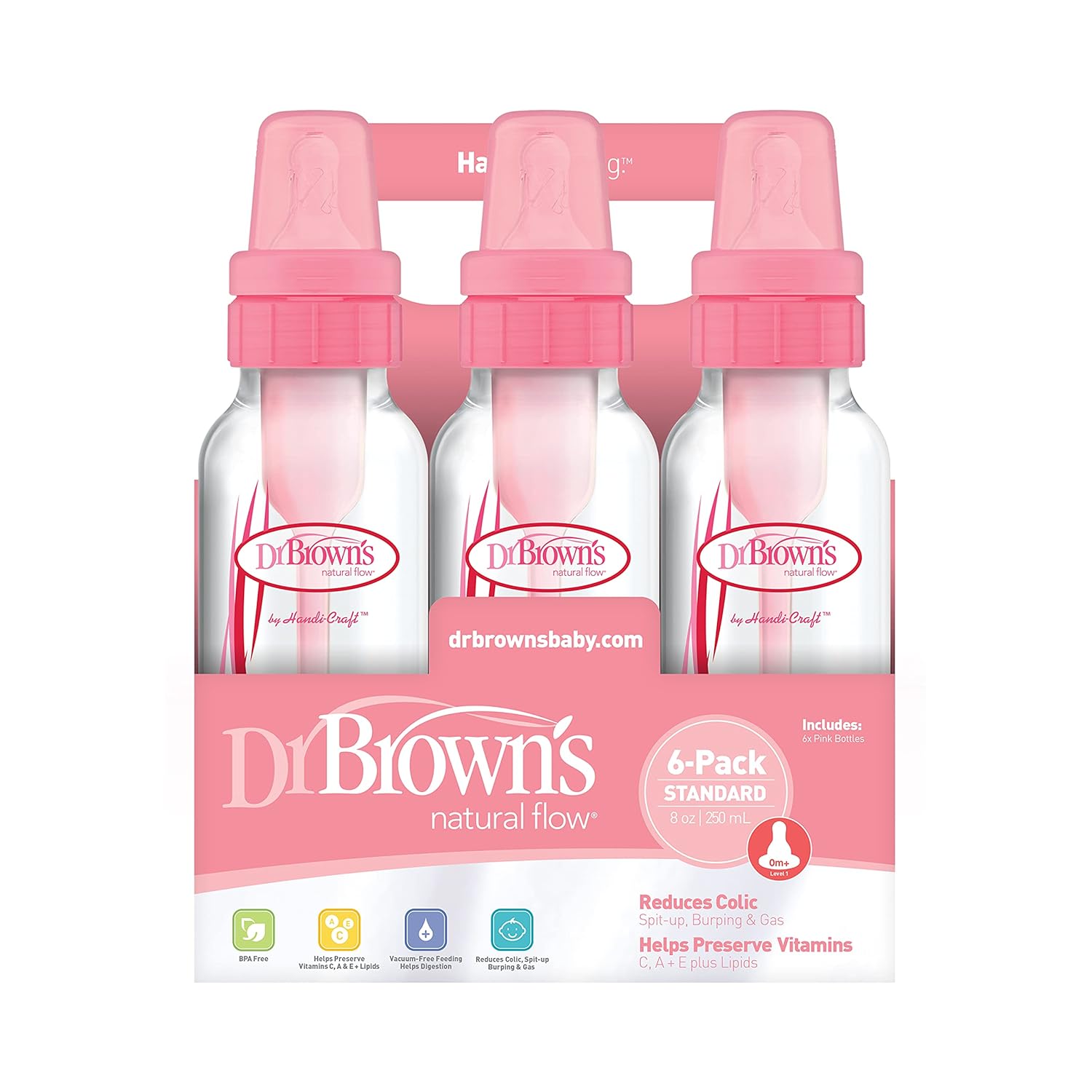 Dr. Brown's Natural Flow Anti-Colic Baby Bottles - Pink - 8oz - 6pk