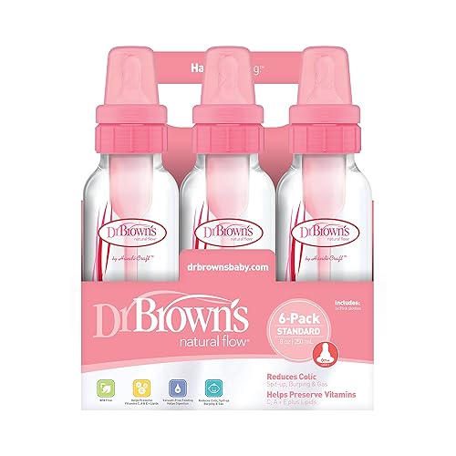 DR Browns - Botella de alimentación de flujo natural paquete de 6 unidades transparente con estampado rosa 85fl oz 8 onzas estándar