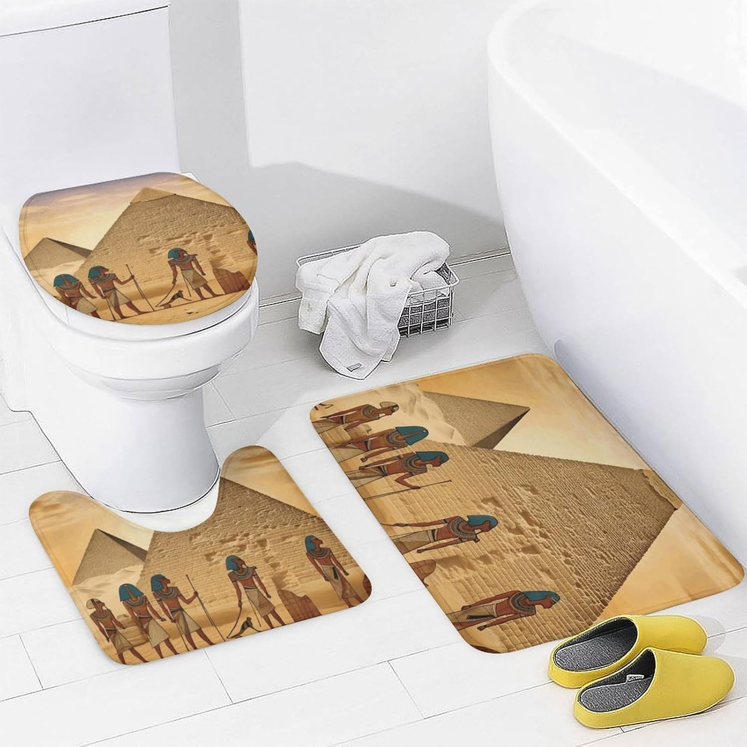 Ancient Egyptians Shower Curtain Set 4 Piece, Non-Slip Bath Mat with Toilet Lid Cover and Waterproof Shower Curtain with 12 Hooks, Complete Bathroom Set for Home Decor