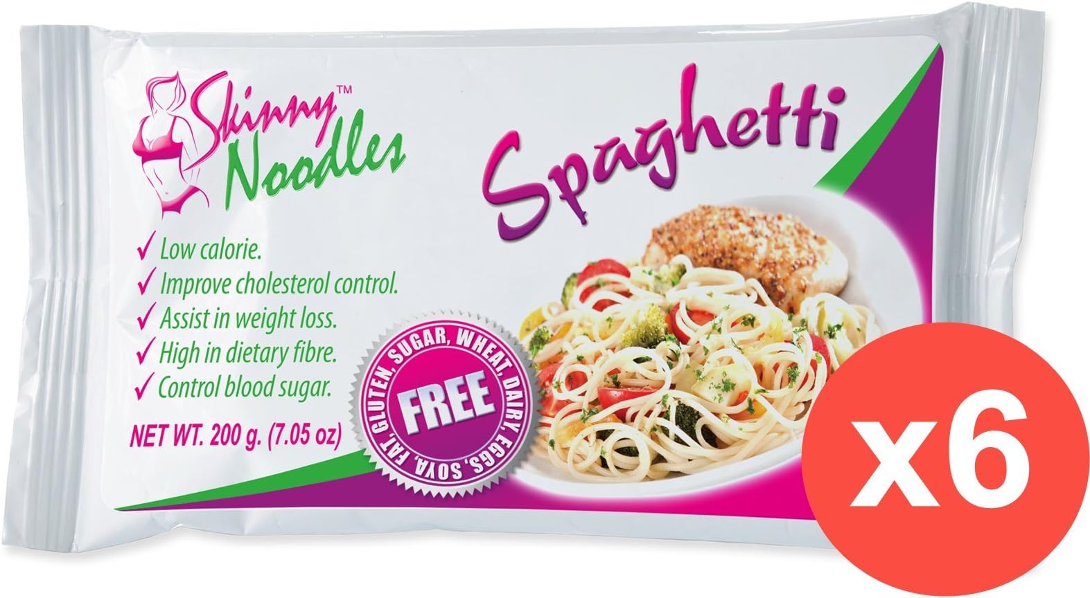 Pack of 6 Skinny Noodles Spaghetti 200g, Shirataki, Konjac, Slim, Low Carb