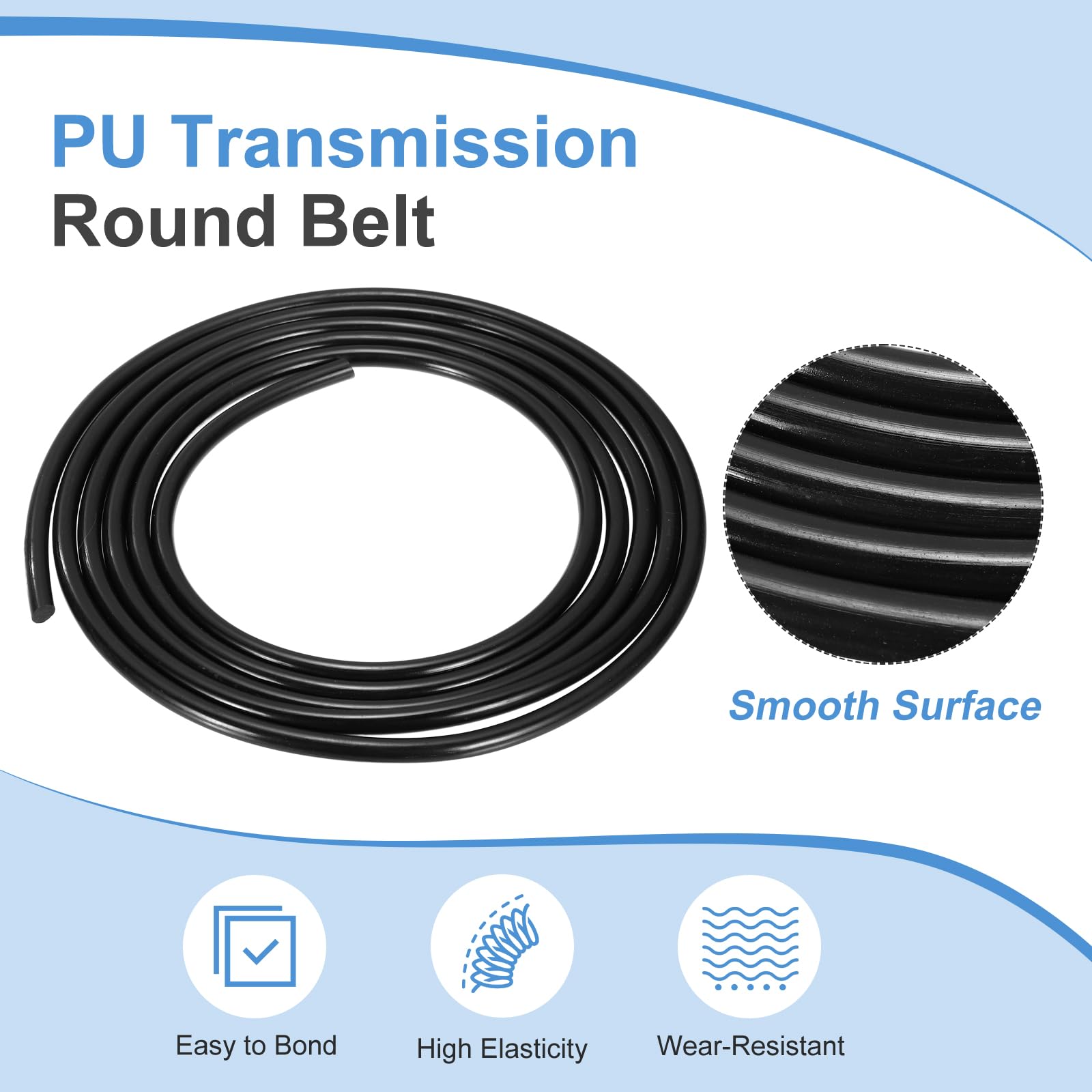 sourcing map Courroie de transmission ronde en polyuréthane, 8 mm de diamètre, 3 m de long, courroie en polyuréthane haute performance pour transmission d'entraînement (surface lisse, noir)
