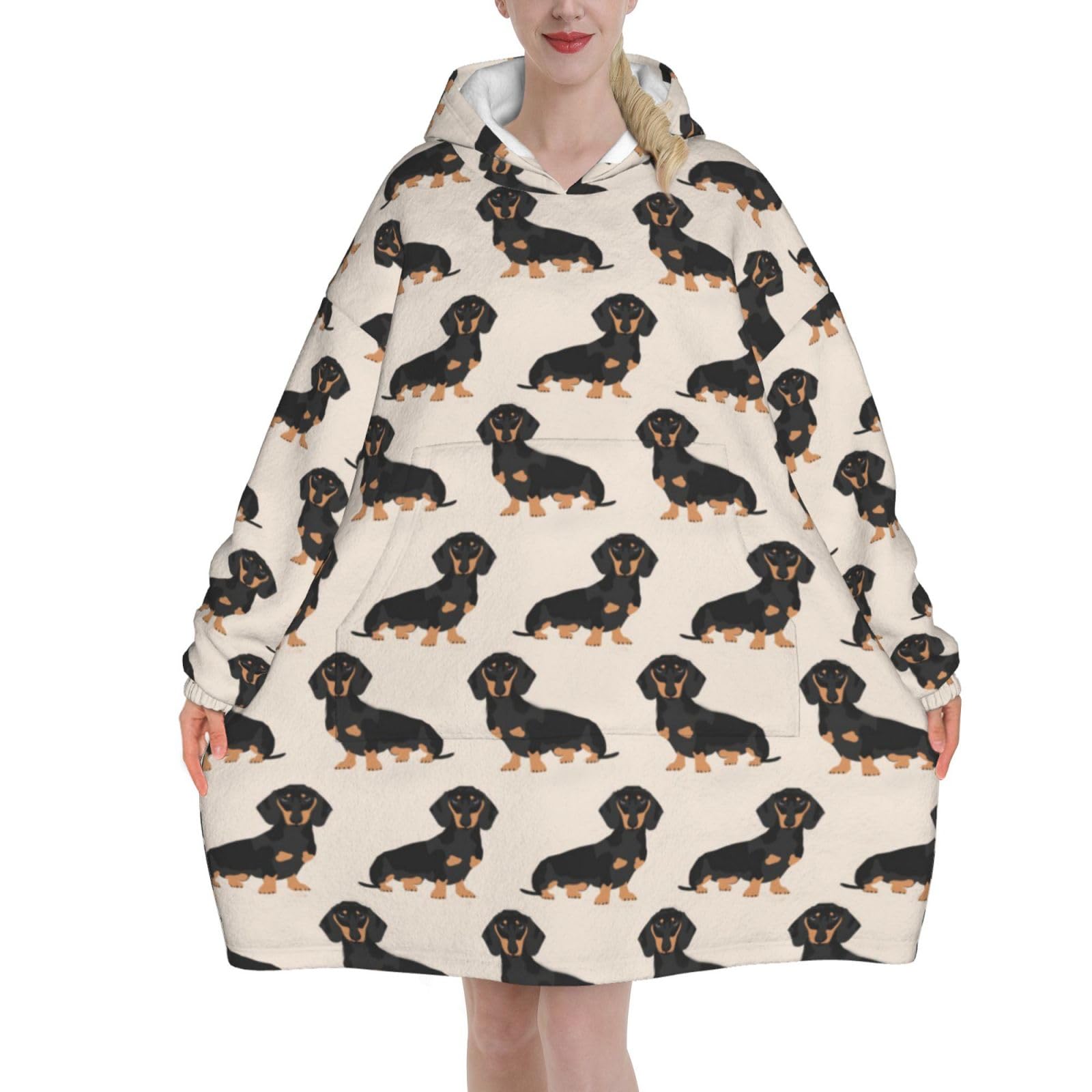 Poadnly Unisex As Picture Sausage Dog,Women's Oversized Wearable Blanket Hoodie, Blanket Sweatshirt,Flannel Pullover Blanket