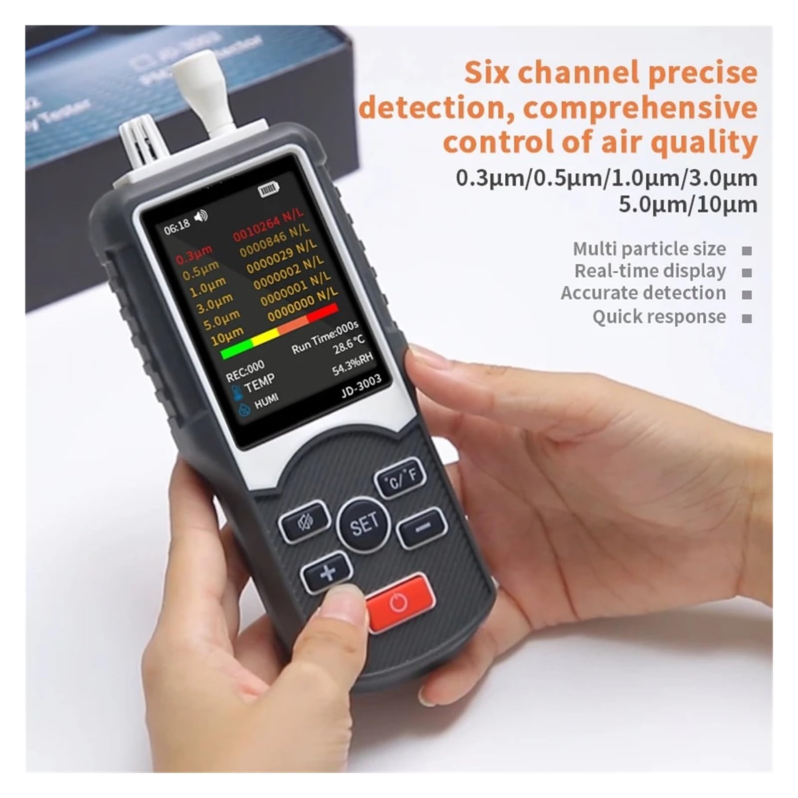 Contador de partículas portátil JD 3003 con tamaños de partículas de Seis Canales (0,3, 0,5, 1,0, 2,5, 5,0, 10 Μ M) Pantalla LCD for el Trabajo y el hogar Monitoreo rápido