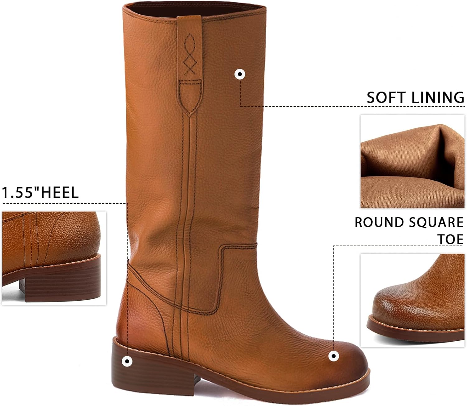 KISSASA Brown Knee High Boots Women Roud Toe Chunky Low Heel Moto Boots Vintage Pull On Tall Long Riding Boots Campus Shoes Brown Size 8.5 - Image 6