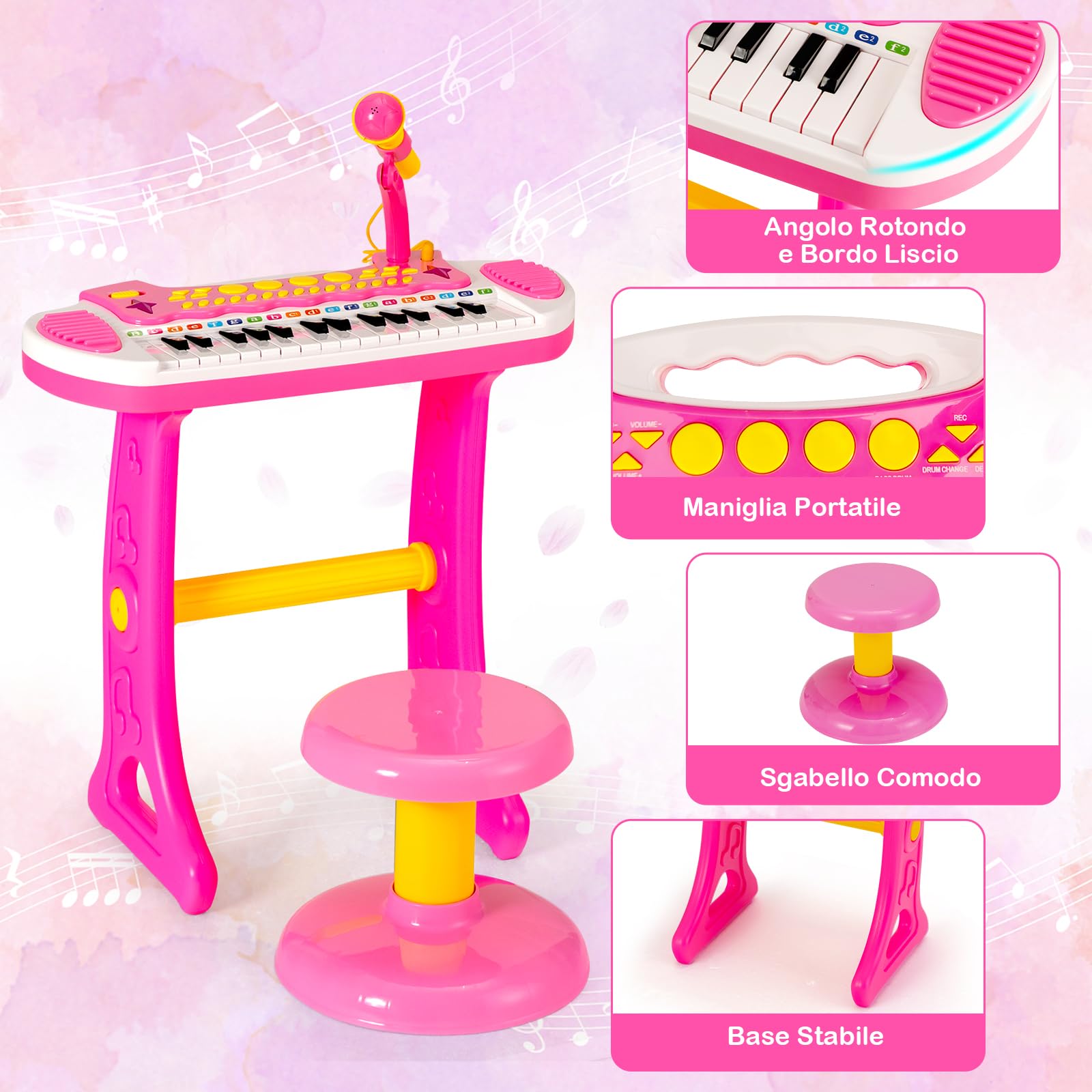 GYMAX Pianoforte Elettronico Giocattolo con Sgabello e Microfono, Tastiera da Pianoforte a 31 Tasti per Bambini, 22 Demo, 3+ anni, 45 x 23 x 45 cm (ROSA)