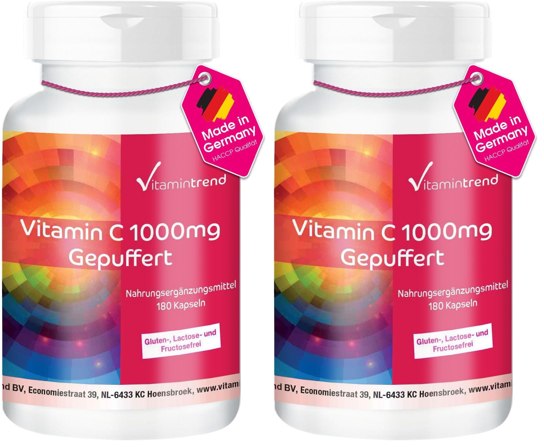 Vitamintrend Vitamin C gepuffert 1000mg, 180 Kapseln, magenschonend, Nahrungsergänzungsmittel vegan ohne Magnesiumstearat, in Deutschland hergestellt (Packung mit 2)