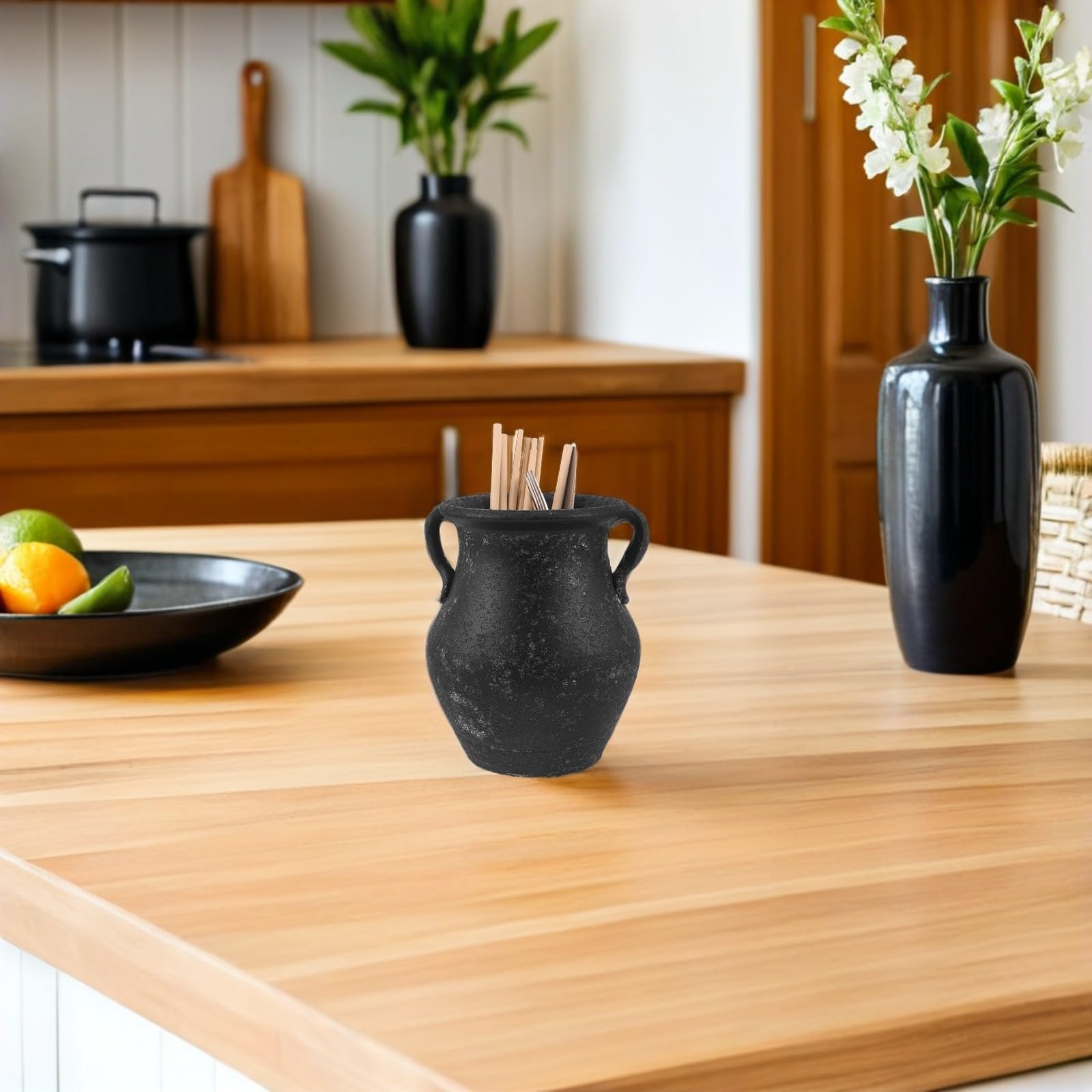 Homoyoyo Porte-ustensiles Cuisine en Céramique Noir 18cm Surface Lisse et Entretien Facile, Rangement Rustique pour Baguettes et Outils de Cuisson sur Plan de Travail