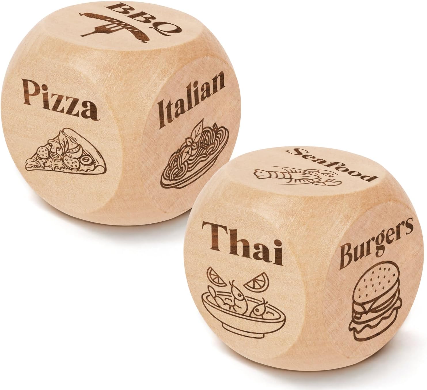 2 Pcs Engraved Wooden Date Night Food Decision Dice Decider,Valentines Day Gifts for Him Her, Stocking Stuffers for Men Women Adults, Anniversary Birthday Gifts for Men Women
