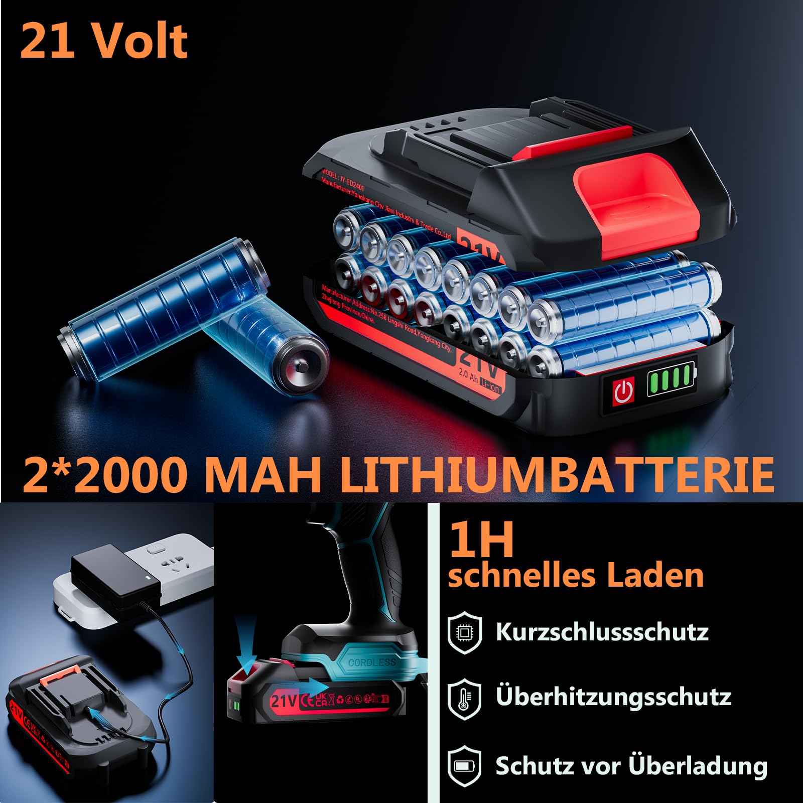 Akkuschrauber, 21V Akku Bohrschrauber mit 2 Akkus 2000mAh und Ladegerät 45Nm Drehmoment Max 25+3 Drehmomentstufen (2-Gang & LED) für Haus und Garten DIY Projekt (Blau)