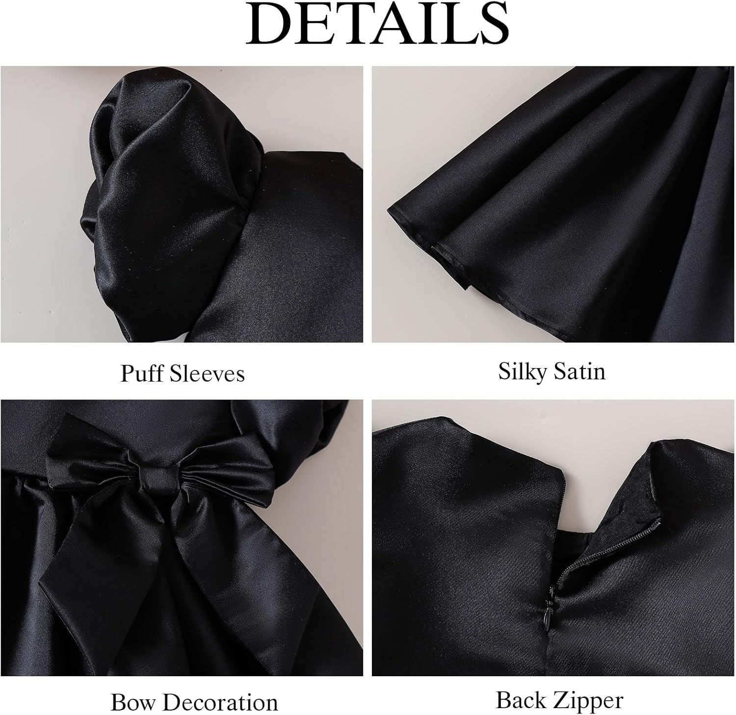 Baby Girls Black Satin Formal Dress Puff Sleeves A-Line Bow Party Wedding Outfits 3-24M