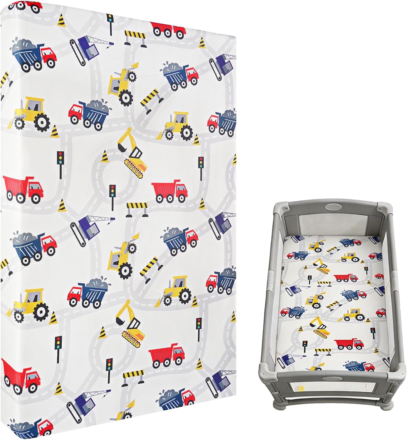 Viviland Toddler Mattress, 38" X 26" Pack N Play Mattress Premium Soft Foam Portable for Pack and Play Topper, Breathable, Comfortable and Stable, Truck Printed Baby Crib Mattress
