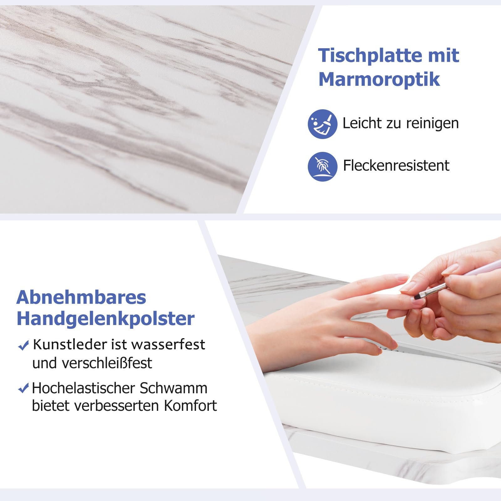 COSTWAY Maniküretisch klappbar, Nageltisch mit elektrischem Staubsammler, LED-Lampe, Handgelenkauflage & Rollen, Maniküre Tisch Marmor Optik, inkl. Tragetasche (Weiß)