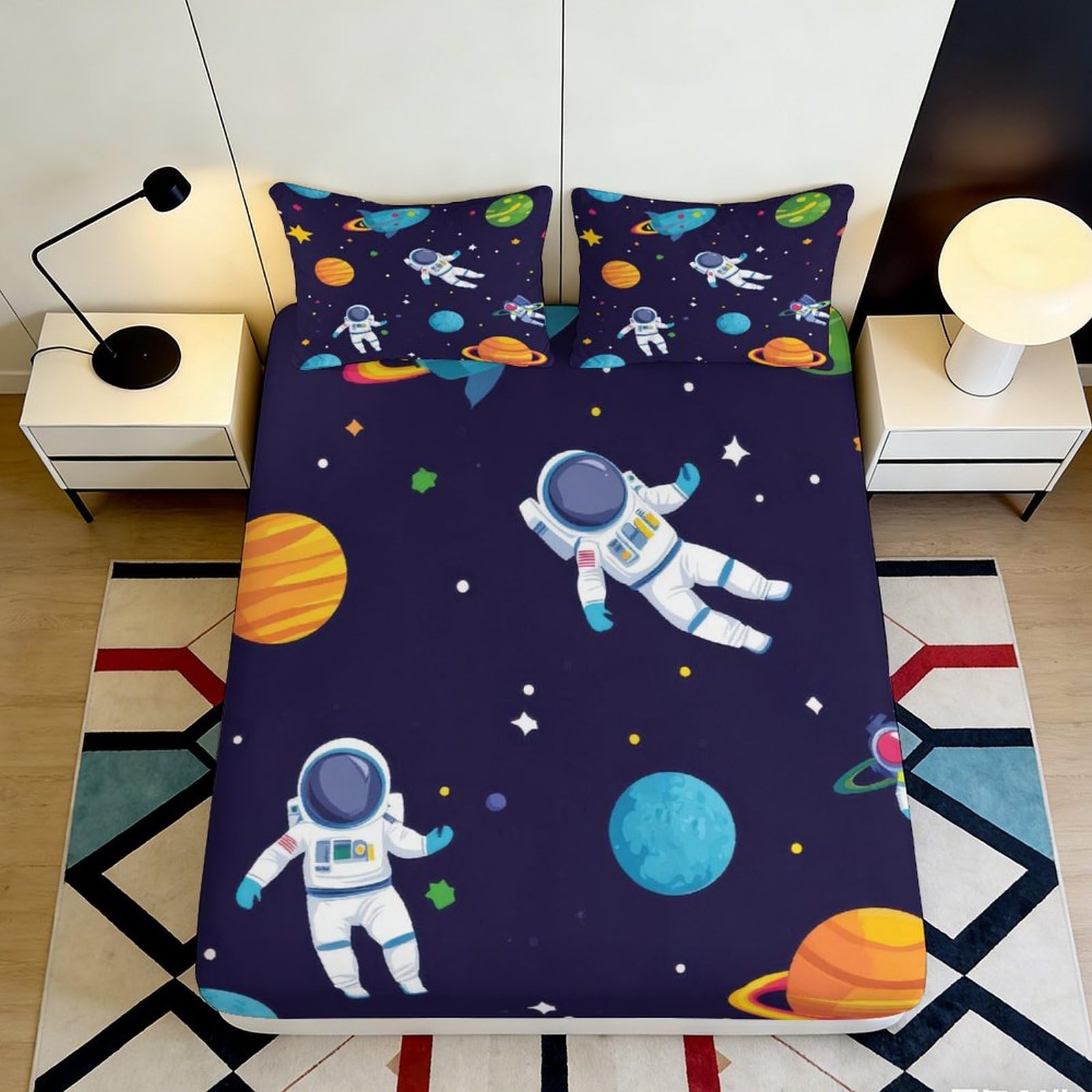 3D Printed Astronaut Fitted Sheet Microfiber Bedroom Deep Pocket Non-Slip Washable Space Mattress Fitted Cover for Adults Teens 200x200x25cm 90x200x25cm