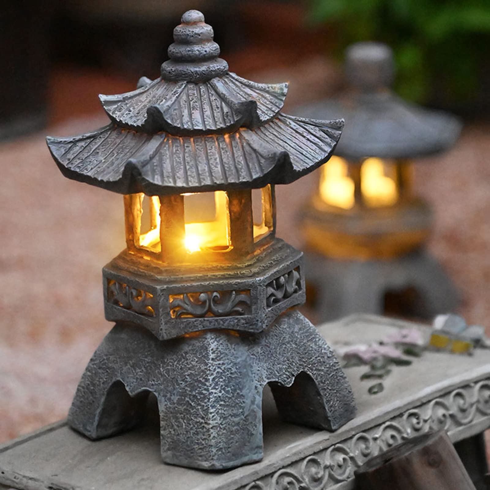 Linterna japonesa para jardín japonesa con adornos solares japoneses Zen - Linterna ornamental para decoración interior y exterior - Lámparas solares para jardín, patio, altura 26 cm, gris
