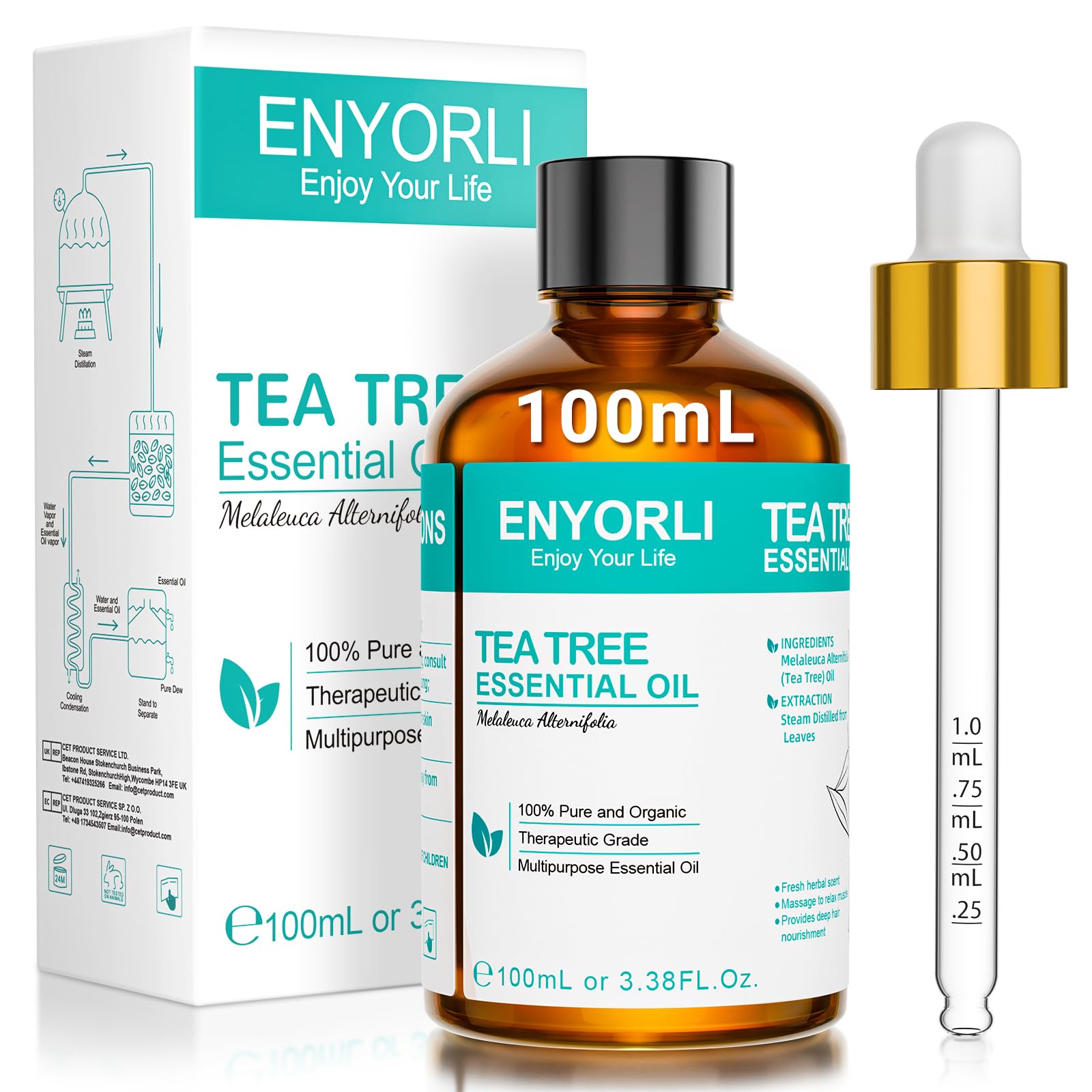 ENYORLI Tea Tree Essenziale Olio 100ml Naturale Tea Tree Olio per Pelle Viso Capelli Unghie, Aromaterapia, Diffusori, Fabbricazione di Candele, Massaggi, Cura della Casa, Sterilizzazione, Uso Esterno