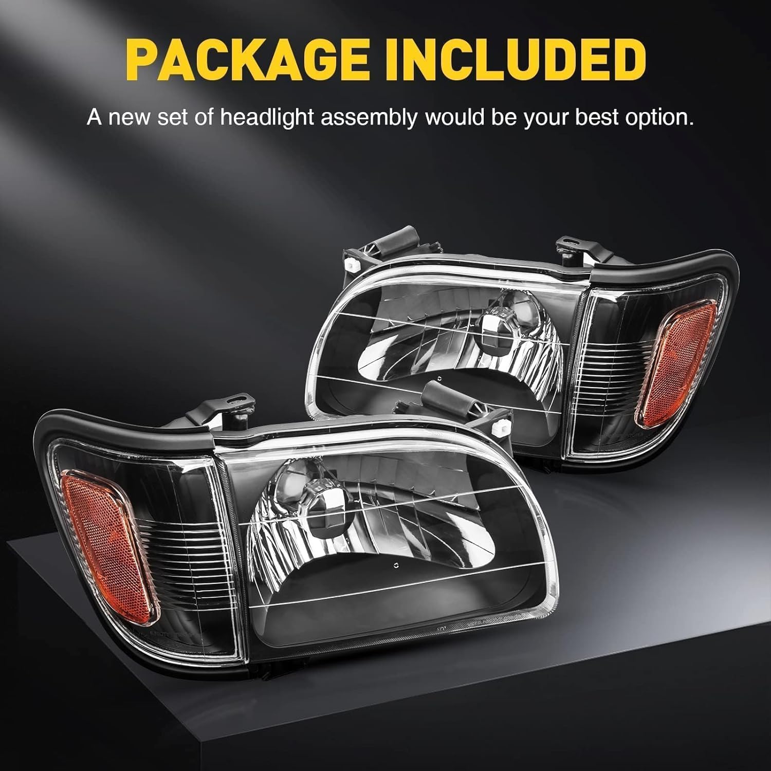 PHILTOP Headlight Assembly Pair,Black Housing Headlamp Replacement Compatible with 2001-2004 Tacoma, Amber Reflector Clear Lens, OE Style Automotive Headlight Assemblies