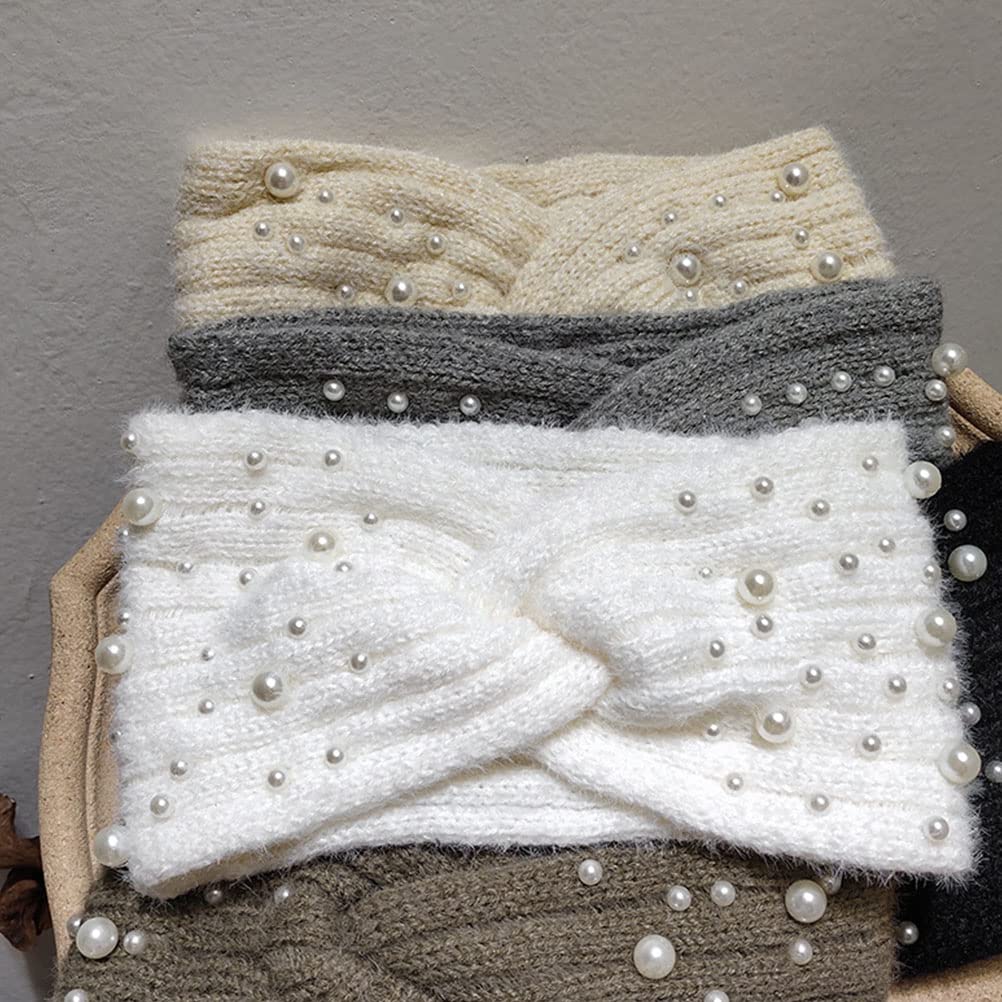 LUOZZY Winter Headbands For Women Pearl Headbands Ear Warmer Headband For Girl's Knit Soft Elastic Headband (White) - Image 5
